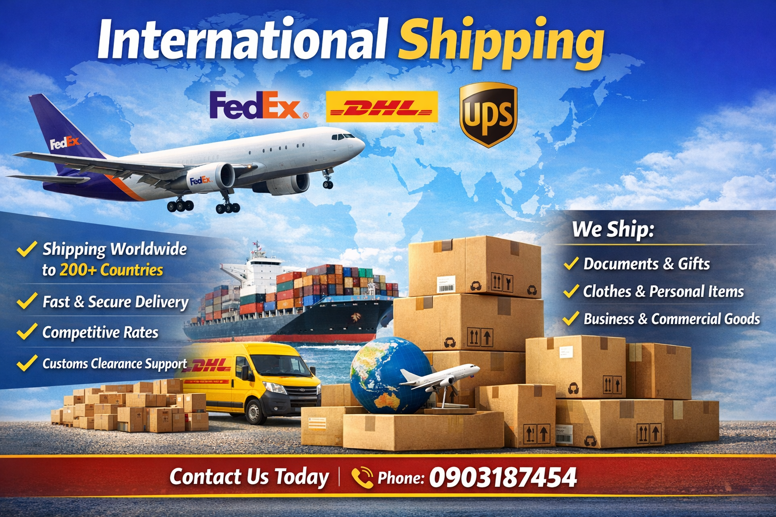 International Shipping Services via FedEx, DHL & UPS Are you looking for a fast, safe, and reliable international shipping service? We provide professional international shipping solutions via FedEx, DHL, and UPS, delivering your packages to over 200 countries and territories worldwide. Whether you are sending documents, personal items, gifts, or commercial goods, we ensure smooth delivery with competitive rates and full support from pickup to final destination. Why Choose Our International Shipping Service? 🚚 Trusted Global Carriers: We partner with FedEx, DHL, and UPS – the world’s leading international courier companies. 🌍 Worldwide Delivery: Ship to the USA, Europe, Asia, Australia, Canada, and many other countries. ⚡ Fast & On-Time Delivery: Express and economy shipping options to fit your needs and budget. 📦 Safe & Secure Handling: Your shipments are carefully packed and tracked throughout the journey. 💰 Affordable & Transparent Pricing: Competitive rates with no hidden fees. 📞 Dedicated Customer Support: Professional consultation and shipment tracking assistance. What Can You Ship Internationally? Documents and papers Clothes, shoes, and personal items Gifts and souvenirs Food items (where permitted) Business samples and commercial goods We also provide customs clearance guidance to help your shipment pass smoothly through international borders. Our Process Is Simple Contact us for consultation and a shipping quote Prepare your items with our packing support Ship via FedEx, DHL, or UPS Track your shipment until delivery Contact Us Today 📞 Phone: 0903187454 Let us help you ship internationally quickly, safely, and efficiently with trusted carriers FedEx, DHL, and UPS.