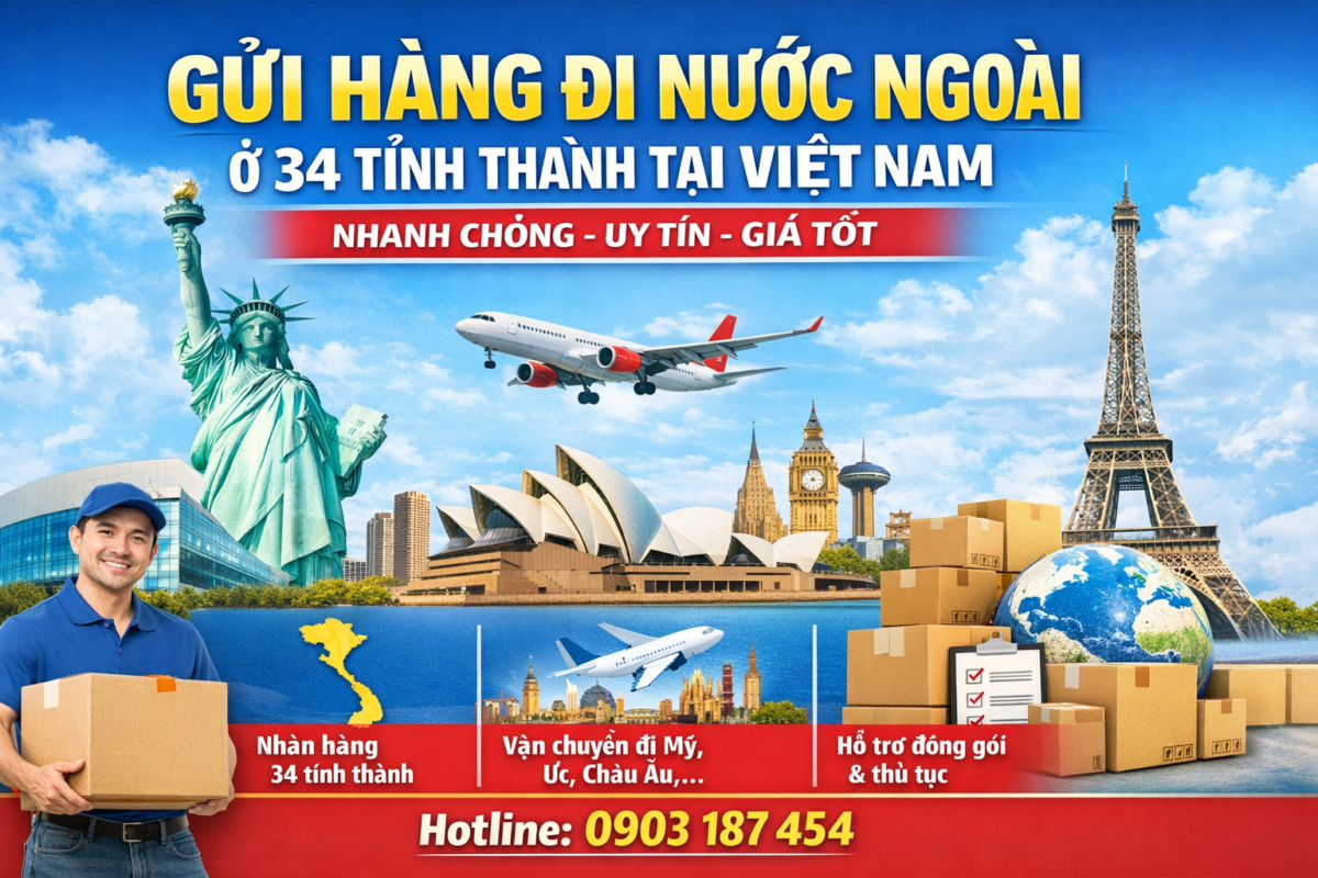 📦 GỬI HÀNG ĐI NƯỚC NGOÀI Ở 34 TỈNH THÀNH TẠI VIỆT NAM – NHANH CHÓNG, UY TÍN, GIÁ TỐT
Bạn đang cần gửi hàng đi nước ngoài cho người thân, bạn bè, du học sinh hay đối tác kinh doanh?
Dù bạn ở Hà Nội, TP.HCM hay bất kỳ tỉnh thành nào, chúng tôi đều nhận gửi hàng đi quốc tế tại 34 tỉnh thành trên toàn quốc với quy trình đơn giản – an toàn – tiết kiệm chi phí.
📞 Hotline tư vấn: 0903 187 454
🌍 Nhận gửi hàng đi nước ngoài tại 34 tỉnh thành Việt Nam
Chúng tôi hỗ trợ nhận hàng tận nơi hoặc tại bưu cục trên khắp 34 tỉnh thành, bao gồm:
Hà Nội, TP. Hồ Chí Minh, Hải Phòng, Đà Nẵng, Cần Thơ, An Giang, Bà Rịa – Vũng Tàu, Bắc Ninh, Bình Dương, Bình Phước, Bình Thuận, Cà Mau, Đồng Nai, Đồng Tháp, Gia Lai, Hà Tĩnh, Khánh Hòa, Kiên Giang, Lâm Đồng, Lạng Sơn, Long An, Nam Định, Nghệ An, Ninh Bình, Phú Thọ, Quảng Nam, Quảng Ngãi, Quảng Ninh, Sóc Trăng, Tây Ninh, Thái Bình, Thanh Hóa, Tiền Giang, Vĩnh Long.
👉 Ở đâu cũng gửi được – không giới hạn địa điểm.
✈️ Các tuyến vận chuyển quốc tế phổ biến
Chúng tôi nhận gửi hàng đi hầu hết các quốc gia và vùng lãnh thổ:
Mỹ, Canada
Úc, New Zealand
Nhật Bản, Hàn Quốc, Trung Quốc, Đài Loan
Singapore, Malaysia, Thái Lan
Các nước châu Âu, châu Á, Trung Đông & hơn 200 quốc gia khác
📦 Nhận gửi đa dạng mặt hàng
✔️ Hồ sơ, giấy tờ, chứng từ
✔️ Quần áo, giày dép, mỹ phẩm
✔️ Thực phẩm khô (đóng gói đúng quy định)
✔️ Hàng kinh doanh, quà tặng
✔️ Hàng cá nhân, đồ dùng sinh hoạt
👉 Tư vấn kỹ trước khi gửi – hạn chế tối đa rủi ro hải quan.
⭐ Vì sao nên chọn dịch vụ của chúng tôi?
✅ Nhận hàng tại 34 tỉnh thành
✅ Thời gian vận chuyển nhanh, đúng cam kết
✅ Hỗ trợ đóng gói, khai báo hải quan
✅ Theo dõi hành trình đơn hàng 24/7
✅ Giá cước cạnh tranh – nhiều ưu đãi cho khách gửi thường xuyên
📞 Liên hệ gửi hàng đi nước ngoài ngay hôm nay
Nếu bạn đang cần gửi hàng đi nước ngoài ở bất kỳ tỉnh thành nào tại Việt Nam, hãy liên hệ ngay để được tư vấn nhanh và báo giá chính xác.
📞 Hotline: 0903 187 454
🚚 Nhận hàng toàn quốc – Giao hàng quốc tế an toàn, uy tín