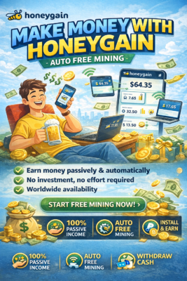 Make Money with Honeygain – Auto Free Mining Are you looking for a simple and passive way to make money online without investment? Honeygain is one of the easiest platforms that allows you to earn money automatically, even while you sleep. No skills, no daily tasks, no risk — just install and earn. What Is Honeygain? Honeygain is a passive income app that lets users share unused internet bandwidth in exchange for money. Companies use this data for web intelligence, content delivery, and market research. 👉 You get paid for internet you’re not using. How Honeygain Works (Auto Free Mining) Create a free Honeygain account Install the app on your device (PC, Android, Mac) Keep the app running in the background Honeygain automatically mines data using unused bandwidth Earnings accumulate 24/7 – fully automatic ✅ No manual work ✅ No electricity-heavy mining ✅ No technical knowledge required How Much Can You Earn with Honeygain? Your earnings depend on: Internet speed Location Number of connected devices Uptime (how long the app stays online) 💰 Average earnings: $10–$50 per month (with multiple devices) Higher income with Content Delivery feature Honeygain Features & Benefits ✔️ 100% passive income ✔️ Auto free mining (runs silently) ✔️ Works worldwide ✔️ Supports multiple devices per account ✔️ Safe & secure platform ✔️ Trusted by millions of users Payment Methods Honeygain pays users via: PayPal JMPT (crypto token) 💸 Minimum payout: $20 Is Honeygain Safe? Yes. Honeygain: Does NOT access personal files Does NOT spy on private data Uses encrypted traffic Is used by millions globally You stay anonymous and protected. Tips to Earn More with Honeygain 🔹 Use multiple devices (PC + phone) 🔹 Keep app running 24/7 🔹 Enable Content Delivery 🔹 Use fast & stable internet 🔹 Refer friends to earn bonus income Conclusion Honeygain is one of the easiest ways to make money online passively. With auto free mining, you earn without effort — just install and let it run. If you want free, automatic income with zero investment, Honeygain is worth trying.