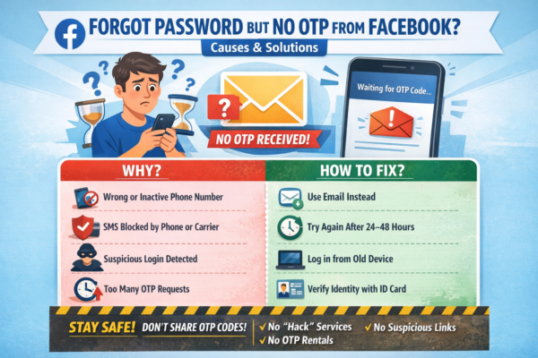 CLICKED “FORGOT PASSWORD” BUT FACEBOOK DOESN’T SEND OTP CODE TO YOUR PHONE? CAUSES & SOLUTIONS Have you tried to recover your Facebook password, clicked “Forgot Password”, but never received the OTP verification code on your phone? 😓 This is a very common issue, and there are effective ways to fix it. In this article, we’ll explain why Facebook doesn’t send the OTP and how to recover your account safely. 1. Signs Facebook Is Not Sending the OTP Code No SMS message with the verification code Facebook says “We sent a code, but you haven’t received it” Resending the code multiple times but nothing arrives Account stuck at the verification step 2. Common Reasons Why Facebook Doesn’t Send OTP 🔹 1. Incorrect or inactive phone number Phone number was changed but not updated on Facebook Old SIM card is no longer active 🔹 2. Phone blocks Facebook SMS messages SMS spam filter enabled Carrier blocks international or system messages 🔹 3. Suspicious login activity detected Logging in from a new device or location Different IP address than usual → Facebook temporarily blocks OTP delivery 🔹 4. Too many OTP requests in a short time Clicking “Resend code” repeatedly → Facebook temporarily disables OTP sending 🔹 5. Facebook system error Server overload or temporary Facebook outage 3. How to Fix Facebook OTP Not Received Issue ✅ Method 1: Check your phone and network Turn Airplane Mode on/off Restart your phone Check Spam / Junk SMS folder ✅ Method 2: Wait 24–48 hours and try again ⚠️ Do NOT request OTP repeatedly After 1–2 days, Facebook usually allows OTP again. ✅ Method 3: Recover account using email instead If your account is linked to an email: Click Forgot Password Choose Verify via Email Use the email code to reset your password ✅ Method 4: Log in from a previously used device or network Use an old phone or computer Connect to a familiar Wi-Fi network 👉 This significantly increases OTP success rate ✅ Method 5: Verify your identity with Facebook (Most effective) If OTP still doesn’t arrive: Visit: 👉 https://www.facebook.com/help/contact/183000765122339 Upload your ID (Passport / Driver’s License / National ID) Enter a new email address (never used on Facebook) Wait for Facebook’s response (1–7 business days) 4. Important Warnings When Recovering Facebook Accounts ⚠️ Do NOT use “Facebook hacking” or “OTP rental” services ⚠️ Do NOT click suspicious links sent via SMS or Messenger ⚠️ Never share OTP codes with anyone 👉 These can permanently lock or lose your account. 5. How to Prevent Facebook OTP Issues in the Future ✔️ Keep your phone number and email updated ✔️ Enable Two-Factor Authentication (2FA) ✔️ Save backup recovery codes ✔️ Avoid logging in on unknown devices 6. Conclusion The issue of Facebook not sending OTP codes is common but completely fixable if you follow the correct steps. Stay patient, follow the methods above, and you can recover your Facebook account safely. If you need step-by-step support for your specific case, feel free to contact the website administrator for assistance.