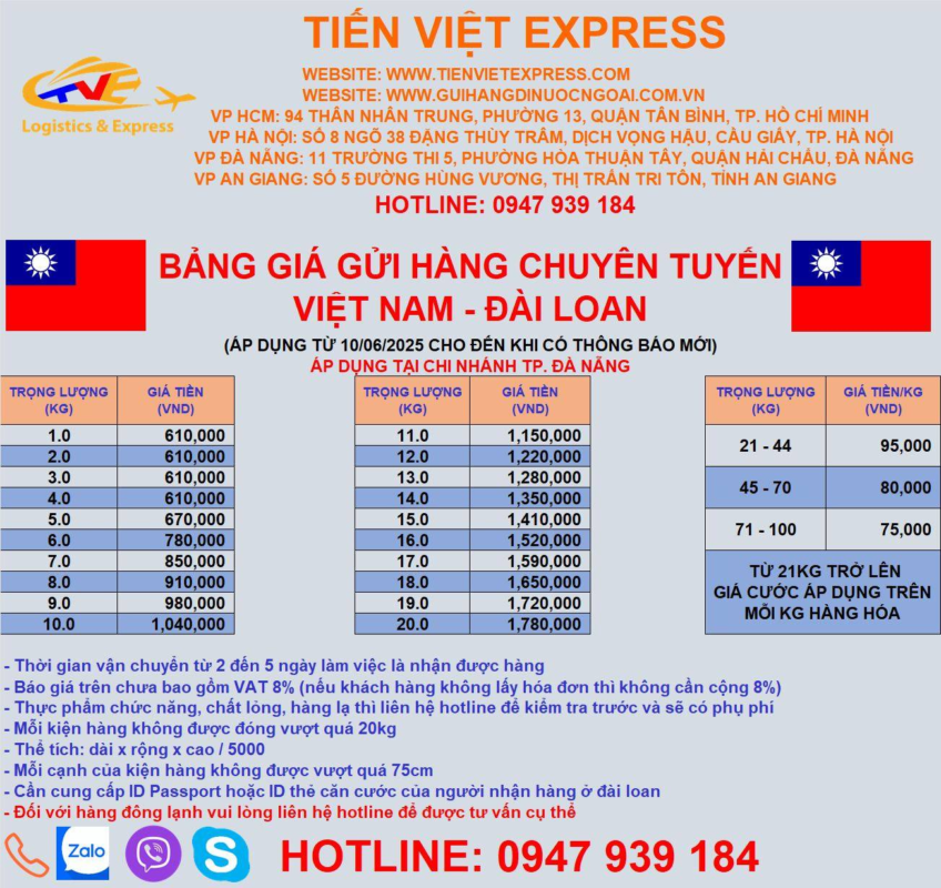 GỬI HÀNG ĐẾN TAIWAN - ĐÀI LOAN TRONG THÁNG 06/2025 TẠI ĐÀ NẴNG CÙNG TIẾN VIỆT EXPRESS 💥
#taiwan #tienvietexpress #TPE
Hàng bay thứ 4 và thứ 7 hàng tuần.
Bao thuế nhập khẩu . Giao hàng tận nhà.
Thời gian phát hàng 3-5 ngày làm việc .
Tiến Việt Express thường được biết đến là nơi chuyên cung cấp các dịch vụ đóng gói và gửi hàng đi nước ngoài giá rẻ, chất lượng đảm bảo và uy tín, ưu đãi hấp dẫn, cùng với đó là sự hỗ trợ tận tình mà Tiến Việt luôn cố gắng mang đến cho khách hàng.
Không những thế, Tiến Việt Express còn cho ra mắt thêm những ƯU ĐÃI bất ngờ khi gửi hàng tới ĐÀI LOAN . Hãy cùng với Tiến Việt Express để được trải nghiệm nhiều ưu đãi hấp dẫn nhất!
Với những ưu đãi chỉ có ở Tiến Việt Express:
✨Hỗ trợ thủ tục, thông quan, xử lý hàng hóa
✨Tem nhãn đầy đủ thông tin
✨ Lấy hàng tận nhà - giao hàng tận tay
✨ Miễn phí đóng hàng, gói hàng chuẩn quốc tế
✨ Tư vấn tận tâm, kỹ lưỡng
📌BẢNG GIÁ ƯU ĐÃI VẬN CHUYỂN TỪ VIỆT NAM SANG ĐÀI LOAN
Lưu ý:
Bảng giá trên chưa bao gồm thuế VAT.
Khi quý khách muốn đặt dịch vụ vui lòng:
☄️ Liên hệ với chúng tôi để biết về điều kiện các sản phẩm khi gửi đi.
☄️ Cung cấp địa chỉ nhận hàng: Postcode, Số điện thoại.
Nếu có thắc mắc hãy liên hệ với chúng tôi qua HOTLINE bên dưới hoặc qua các nền tảng để nhận được sự tư vấn tận tình từ đội ngũ nhân viên chúng tôi ❤️
=======
==============================
𝗧𝗵𝗼̂𝗻𝗴 𝘁𝗶𝗻 𝗹𝗶𝗲̂𝗻 𝗵𝗲̣̂ 𝗴𝘂̛̉𝗶 𝗵𝗮̀𝗻𝗴:
TIẾN VIỆT EXPRESS - CHUYỂN PHÁT NHANH QUỐC TẾ
📌Địa Chỉ HCM: 94 Thân Nhân Trung, P.13, Q.Tân Bình, Tp.HCM
📌Địa chỉ Hà Nội: Số 8 ngÕ 38 Đặng Thùy Trâm , Phường Dịch Vọng Hậu, Quận Cầu Giấy, Hà Nội
📌Địa chỉ Đà Nẵng : 11 Trường Thi 5 , Hòa Thuận Tây, Hải Châu, Đà Nẵng.
📌Địa chỉ Cần Thơ: 520 Nguyễn Văn Linh, Phường Long Hoà, Bình Thuỷ, TP Cần Thơ
📌Địa chỉ An Giang: SỐ 5 đường Hùng Vương, thị trấn Tri Tôn, tỉnh An Giang
Hotline: 0901 899178
Web: https://banxangdao.com/
Email : xuanthanh.han@tienvietexpress.com
Facebook: Tiến Việt Express
VAT Code 0314960843
Thời Gian Mở Cửa Nhận Hàng Thứ 2 – Thứ 7 : 8H30 Am – 17H30PM
Theo dõi đơn hàng vận chuyển xin gọi : 028 3636 96 93
#taiwan #TPE #tienvietexpress
