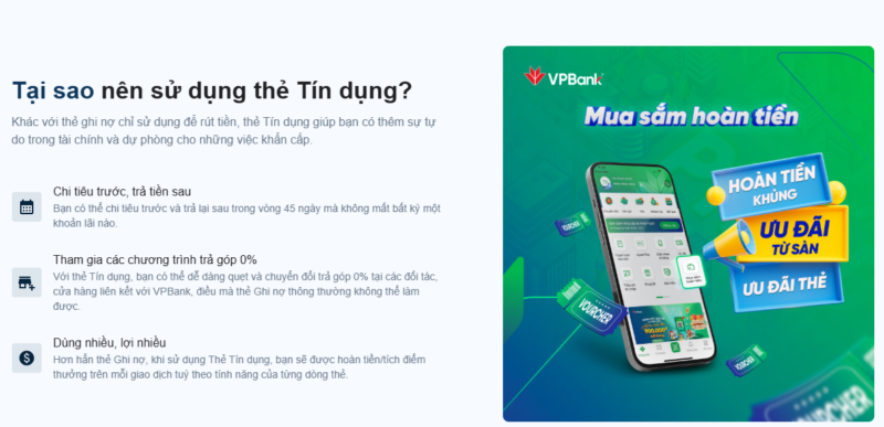 Mở thẻ tín dụng VPBank online: Mở thẻ online chỉ trong 10 phút, không cần gặp mặt; Chỉ cần CCCD, không cần hồ sơ giấy; Hạn mức lên tới 100 triệu; Có thể sử dụng được ngay sau khi mở;