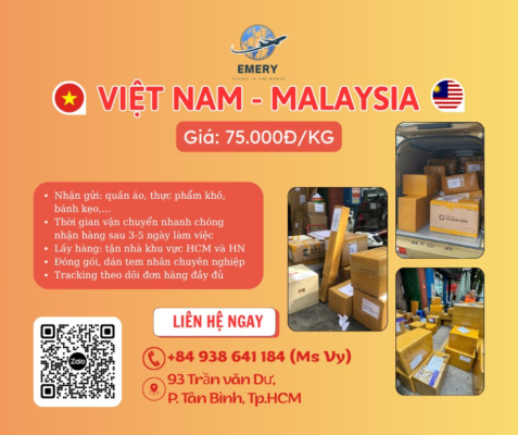 EMERY EXPRESS – GỬI HÀNG VIỆT NAM SANG MALAYSIA NHANH, AN TOÀN, GIÁ TỐT CHỈ TỪ 75K/KG Bạn cần gửi hàng sang Malaysia cho người thân, đối tác hay khách hàng? EMERY EXPRESS tự hào mang đến dịch vụ vận chuyển quốc tế chuyên nghiệp với nhiều tiện ích vượt trội: ✅ Giao hàng nhanh: Từ 3 – 5 ngày làm việc ✅ Nhận & đóng gói miễn phí, đảm bảo an toàn hàng hóa ✅ Theo dõi online với mã Tracking minh bạch ✅ Giá cước siêu ưu đãi – tiết kiệm chi phí ✅ Nhận đa dạng hàng: quần áo, mỹ phẩm, thực phẩm khô, quà tặng… 📞 Liên hệ ngay để được báo giá chi tiết: ☎️ Hotline/Zalo: 0938.641.184 (Ms Vy) 🏠 HCM: 93 Trần Văn Dư, Phường Tân Bình, TP.HCM 🏠 HN: Số 8, Ngõ 38 Đặng Thùy Trâm, P. Cầu Giấy, Hà Nội