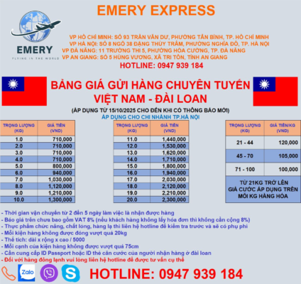 GỬI HÀNG ĐẾN TAIWAN - ĐÀI LOAN TRONG THÁNG 10/2025 TẠI EMERY EXPRESS 💥 #taiwan #emeryexpress #TPE #Đài_Loan #DAI_LOAN Hàng bay thứ 4 và thứ 7 hàng tuần. Bao thuế nhập khẩu . Giao hàng tận nhà. Thời gian phát hàng 3-5 ngày làm việc . Emery Express thường được biết đến là nơi chuyên cung cấp các dịch vụ đóng gói và gửi hàng đi nước ngoài giá rẻ, chất lượng đảm bảo và uy tín, ưu đãi hấp dẫn, cùng với đó là sự hỗ trợ tận tình mà Emery luôn cố gắng mang đến cho khách hàng. Không những thế, Emery Express còn cho ra mắt thêm những ƯU ĐÃI bất ngờ khi gửi hàng tới ĐÀI LOAN . Hãy cùng với Emery Express để được trải nghiệm nhiều ưu đãi hấp dẫn nhất! Với những ưu đãi chỉ có ở Emery Express: ✨Hỗ trợ thủ tục, thông quan, xử lý hàng hóa ✨Tem nhãn đầy đủ thông tin ✨ Lấy hàng tận nhà - giao hàng tận tay ✨ Miễn phí đóng hàng, gói hàng chuẩn quốc tế ✨ Tư vấn tận tâm, kỹ lưỡng 📌BẢNG GIÁ ƯU ĐÃI VẬN CHUYỂN TỪ VIỆT NAM SANG ĐÀI LOAN Lưu ý: Bảng giá trên chưa bao gồm thuế VAT. Khi quý khách muốn đặt dịch vụ vui lòng: ☄️ Liên hệ với chúng tôi để biết về điều kiện các sản phẩm khi gửi đi. ☄️ Cung cấp địa chỉ nhận hàng: Postcode, Số điện thoại. Nếu có thắc mắc hãy liên hệ với chúng tôi qua HOTLINE bên dưới hoặc qua các nền tảng để nhận được sự tư vấn tận tình từ đội ngũ nhân viên chúng tôi ❤️ HỆ THỐNG GỬI HÀNG ĐI NƯỚC NGOÀI EMERY EXPRESS Địa chỉ: - Chi nhánh Hà Nội: Số 8 Ngõ 38 Đặng Thùy Trâm , Phường Dịch Vọng Hậu, Quận Cầu Giấy, TP.Hà Nội - Chi nhánh Hồ Chí Minh: 93 Trần Văn Dư , Phường 13, Quận Tân Bình, TP.HCM - Chi nhánh Đà Nẵng : 11 Trường Thi 5 , Hòa Thuận Tây, Hải Châu, Đà Nẵng . - Chi Nhánh Cần Thơ: 520 Nguyễn Văn Linh, Phường Long Hoà, Bình Thuỷ, TP Cần Thơ Hotline: 090 189 91 78 _ Chi nhánh An Giang : Số 5 đường Hùng Vương, Thị Trấn Tri Tôn, Tỉnh An Giang Hotline/Zalo/Viber: 090 189 91 78 / 0903187454 Call Center Support : 1900 299 293 EXT 101 Website : https://banxangdao.com/ #Emeryexpresshanoi #guihangdinuocngoaihanoi #vanchuyenquoctehanoi #guihangdinuocngoaiganday #guihanghanoi #Emeryexpress #chuyenphatquocte #dichvuchuyenphatnhanh #vanchuyenquocte #shiphanghanoi #shiphangdinuocngoaiganday #vanchuyenganday #guihanghanoiganday #banxangdao
