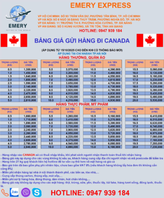 Bảng giá gửi hàng Việt Nam đi Canada Tháng 10/2025 - #Emery_Express Câu Hỏi Thường Gặp #CANADA Bạn có người thân đang làm việc, sinh sống tại Canada. Bạn đang muốn gửi hàng cho người thân của mình, nhưng đây là lần đầu tiên bạn gửi hàng. Bạn có rất nhiều thắc mắc, chẳng hạn như: Giá cước gửi hàng đi Canada có đắt không? Gửi hàng đi Canada thì mất bao lâu thì tới? Bạn đang cần chuyển hàng đi Canada ở Sài Gòn và các tỉnh gần HCM (như Đồng Nai, Vũng Tàu…), có nơi nào gửi hàng uy tín, giá cả hợp lý, nhanh và chuyên nghiệp không? Bạn đang ở Cần Thơ và các tỉnh miền Tây, dưới đây có chỗ nào gửi hàng Canada chất lượng không? Bạn đang ở các tỉnh miền Trung như Nha Trang và Đà Nẵng, ở nơi mình có công ty chuyển phát nhanh đi nước ngoài như Canada nào không? Kinh nghiệm gửi hàng đi Canada như thế nào, loại hàng hóa nào được gửi và không được gửi, cách đóng gói thế nào, cách vận chuyển hàng hóa ra sao, bạn có cần chuẩn bị những giấy tờ nào không? Gửi đồ sang Canada bằng đường biển và đường hàng không có gì khác nhau về chi phí, thời gian gửi, loại hàng hóa được gửi? Bạn đang có một món hàng cần gửi hỏa tốc đi Canada (như thuốc men, hợp đồng, tài liệu…), vậy gửi bằng cách nào, giá có đắt lắm không, có bảo đảm thời gian gửi và sự toàn vẹn của hàng hóa chứ? Những quy định nào khi gửi hàng hóa đi Canada mà bạn cần tuân thủ (về loại hàng hóa, kích thước hàng hóa….)? Bạn gửi hàng đi Canada bằng đường bưu điện VNPOST có được không? Họ có nhận gửi hàng, thời gian bao lâu, giá có mắc lắm không? Bạn có thể gửi mỹ phẩm, thu.ốc l.á, đồ ăn khô, cá tôm đông lạnh, quần áo… cho người nhà, bà con ở Canada được chứ? Qua bài viết hướng dẫn này, Emery Express sẽ giải đáp những thắc mắc trên của bạn. HỆ THỐNG GỬI HÀNG ĐI NƯỚC NGOÀI TẠI EMERY EXPRESS Địa chỉ: - Chi nhánh Hà Nội: Số 8 Ngõ 38 Đặng Thùy Trâm , Phường Cầu Giấy, TP.Hà Nội - Chi nhánh Hồ Chí Minh: 93 Trần Văn Dư , Phường Tân Bình, TP.HCM - Chi nhánh Đà Nẵng : 11 Trường Thi 5 , Phường Hòa Cường , TP Đà Nẵng . Hotline/Zalo/Viber: 090 189 91 78 /0903187454 Call Center Support : 1900 299 293 EXT 101 Website : https://banxangdao.com/ #Emeryexpresshanoi #guihangdinuocngoaihanoi #vanchuyenquoctehanoi #guihangdinuocngoaiganday #guihanghanoi #Emeryexpress #chuyenphatquocte #dichvuchuyenphatnhanh #vanchuyenquocte #shiphanghanoi #shiphangdinuocngoaiganday #vanchuyenganday #guihanghanoiganday #banxangdao #guihangdanang #guihanghochiminh #vanchuyenquoctedanang #vanchuyenquoctehochiminh #Emeryexpressdanang #Emeryexpresshochiminh