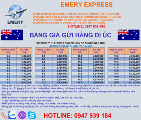 🇦🇺 SHIPPING TO AUSTRALIA – OCTOBER 2025 WITH EMERY EXPRESS Australia 🇦🇺 attracts many Vietnamese students 👩‍🦰🧒 and workers 👩‍🚒👨‍🔧, creating a high demand for shipping goods 📦 from Vietnam to Australia. Emery Express provides shipping ✈️ for all types of goods, parcels, documents, and packages from Vietnam, guaranteeing quality and the fastest delivery time ⚡️. 📋 Some items allowed for shipping to Australia: Documents & Papers: Parcels, contracts, study documents, personal records, etc. Artworks & Pictures: Wedding photos, paintings, wooden art, canvas art, etc. Mattresses: Kymdan, Van Thanh, Kim Cuong, Lien A mattresses, etc. Food: Various fish sauce, dried fish, dried squid, dried shrimp, dried beef floss, etc. Cosmetics: Creams, gels, serums, facial masks, acne removal gel, etc. Nail & Beauty Supplies: Nail clippers, cosmetics, shampoos, conditioners, soaps, etc. Fashion Items: Clothes, shoes, hats, bags, fashion accessories. Gifts: Birthday gifts, wedding gifts, Valentine’s gifts. Health & Supplements: Functional foods, medicines (Western, traditional Chinese, herbal). Large or Heavy Items, Samples High-Value Items: Items that require extra security during shipping. ☎️ Contact Emery Express today for consultation, support, and the most cost-effective shipping rates‼️ Thank you to all our customers and partners! 🌍 EMERY EXPRESS – INTERNATIONAL SHIPPING NETWORK Hanoi Branch: No. 8, Alley 38 Dang Thuy Tram, Dich Vong Hau Ward, Cau Giay District, Hanoi Ho Chi Minh City Branch: 93 Tran Van Du, Ward 13, Tan Binh District, HCMC Da Nang Branch: 11 Truong Thi 5, Hoa Thuan Tay, Hai Chau District, Da Nang Can Tho Branch: 520 Nguyen Van Linh, Long Hoa Ward, Binh Thuy District, Can Tho City An Giang Branch: No. 5 Hung Vuong Street, Tri Ton Town, An Giang Province 📱 Hotline/Zalo/Viber: 090 189 91 78 / 090 318 7454 ☎️ Call Center Support: 1900 299 293 (EXT 101) 🌐 Website: https://banxangdao.com #EmeryExpressHanoi #ShipToAustralia #InternationalShipping #ExpressDelivery #Logistics #ShipFromVietnam #EmeryExpress #FastReliableService #BanXangDao
