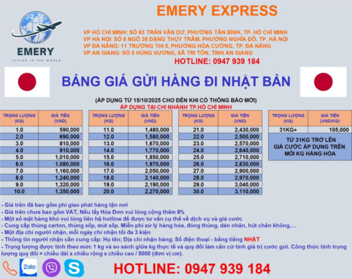 🇯🇵 SHIPPING FROM VIETNAM TO JAPAN – OCTOBER 2025 #Japan #EmeryExpress #NhậtBản #JapanShipping Shipping goods from Vietnam to Japan has never been easier thanks to Emery Express! If you’re looking to send packages to Japan but feel unsure about where to start, don’t worry — Emery Express is here to take care of everything for you. With a team of experienced staff, Emery Express provides personalized consultation to help customers choose the most suitable, cost-effective, and fastest shipping options, while optimizing import taxes so your goods reach the recipient smoothly and efficiently. We are pleased to share our competitive shipping rates from Hanoi to Japan, which are lower than the average market price. 🌍 EMERY EXPRESS – INTERNATIONAL SHIPPING NETWORK Hanoi Branch: No. 8, Alley 38 Dang Thuy Tram, Dich Vong Hau Ward, Cau Giay District, Hanoi Ho Chi Minh City Branch: 93 Tran Van Du, Ward 13, Tan Binh District, HCMC Da Nang Branch: 11 Truong Thi 5, Hoa Thuan Tay, Hai Chau District, Da Nang Can Tho Branch: 520 Nguyen Van Linh, Long Hoa Ward, Binh Thuy District, Can Tho City An Giang Branch: No. 5 Hung Vuong Street, Tri Ton Town, An Giang Province 📱 Hotline/Zalo/Viber: 090 189 91 78 / 090 318 74 54 ☎️ Call Center Support: 1900 299 293 (EXT 101) 🌐 Website: https://banxangdao.com #EmeryExpressHanoi #InternationalShipping #JapanShipping #GlobalLogistics #ExpressDelivery #SendAbroadFromHanoi #EmeryExpress #FastInternationalService #ShipToJapan #BanXangDao