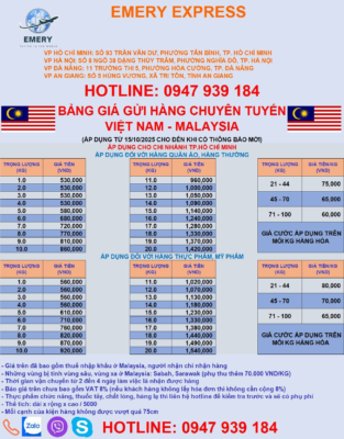 🌟 Emery Express – Shipping Solutions to Malaysia: Fast, Reliable & Efficient (October 2025) 🌟 With a large Vietnamese community living and working in Malaysia, the demand for shipping from Vietnam to Malaysia continues to grow. Emery Express is a trusted express delivery company, ensuring your packages arrive safely and on time. We are committed to providing optimized logistics solutions that help you save both time and costs. 📦✈️🚢 Diverse Shipping Services at Emery Express At Emery Express, we offer a wide range of shipping options to Malaysia, tailored to meet different customer needs: 🚀 Air Freight: Ideal for lightweight, high-value, or time-sensitive items such as electronics, medicine, food, and cosmetics. Estimated transit time: 2–5 days with reputable airlines. 🚢 Sea Freight: A great choice for large or bulky cargo that is not time-sensitive. Transit time: 9–18 days, offering a cost-effective solution. 🛫 Hand-Carried Shipments: A fast service via passengers’ checked baggage to Malaysia, suitable for small and light parcels. Transit time: 1–3 days. 💰 Shipping Rates to Malaysia (Effective from October 15, 2025) 💰 📦 Rate: From 490,000 VND/kg, suitable for a variety of shipping needs. 💡 How to Ship to Malaysia at the Best Price To ship affordably to Malaysia, compare rates between local and international couriers. At Emery Express, we guarantee competitive pricing and exclusive promotional offers for our customers. ✨ Why Choose Emery Express? ✨ ⭐ Express Delivery Service: Fast, safe, and reliable shipping. ⭐ Accurate Delivery Time: On-time delivery with minimal waiting. ⭐ Competitive Pricing: Flexible and affordable rates. ⭐ Dedicated Customer Support: Professional staff ready to assist and answer your questions. ⭐ Variety of Shipping Options: Multiple transportation methods to fit every need. ⭐ Professional Packaging: Ensuring maximum protection for your goods. 🌏 EMERY EXPRESS – INTERNATIONAL SHIPPING NETWORK Addresses: Hanoi Branch: No. 8, Alley 38 Dang Thuy Tram, Dich Vong Hau Ward, Cau Giay District, Hanoi Ho Chi Minh City Branch: 93 Tran Van Du, Ward 13, Tan Binh District, HCMC Da Nang Branch: 11 Truong Thi 5, Hoa Thuan Tay, Hai Chau District, Da Nang Can Tho Branch: 520 Nguyen Van Linh, Long Hoa Ward, Binh Thuy District, Can Tho City Hotline: 090 189 91 78 An Giang Branch: No. 5 Hung Vuong Street, Tri Ton Town, An Giang Province Hotline/Zalo/Viber: 090 189 91 78 / 0903 187 454 Call Center Support: 1900 299 293 (EXT 101) 🌐 Website: https://banxangdao.com/ #EmeryExpressHanoi #InternationalShipping #MalaysiaShipping #GlobalLogistics #ExpressDelivery #EmeryExpress #FastInternationalService #SendAbroadFromHanoi #banxangdao