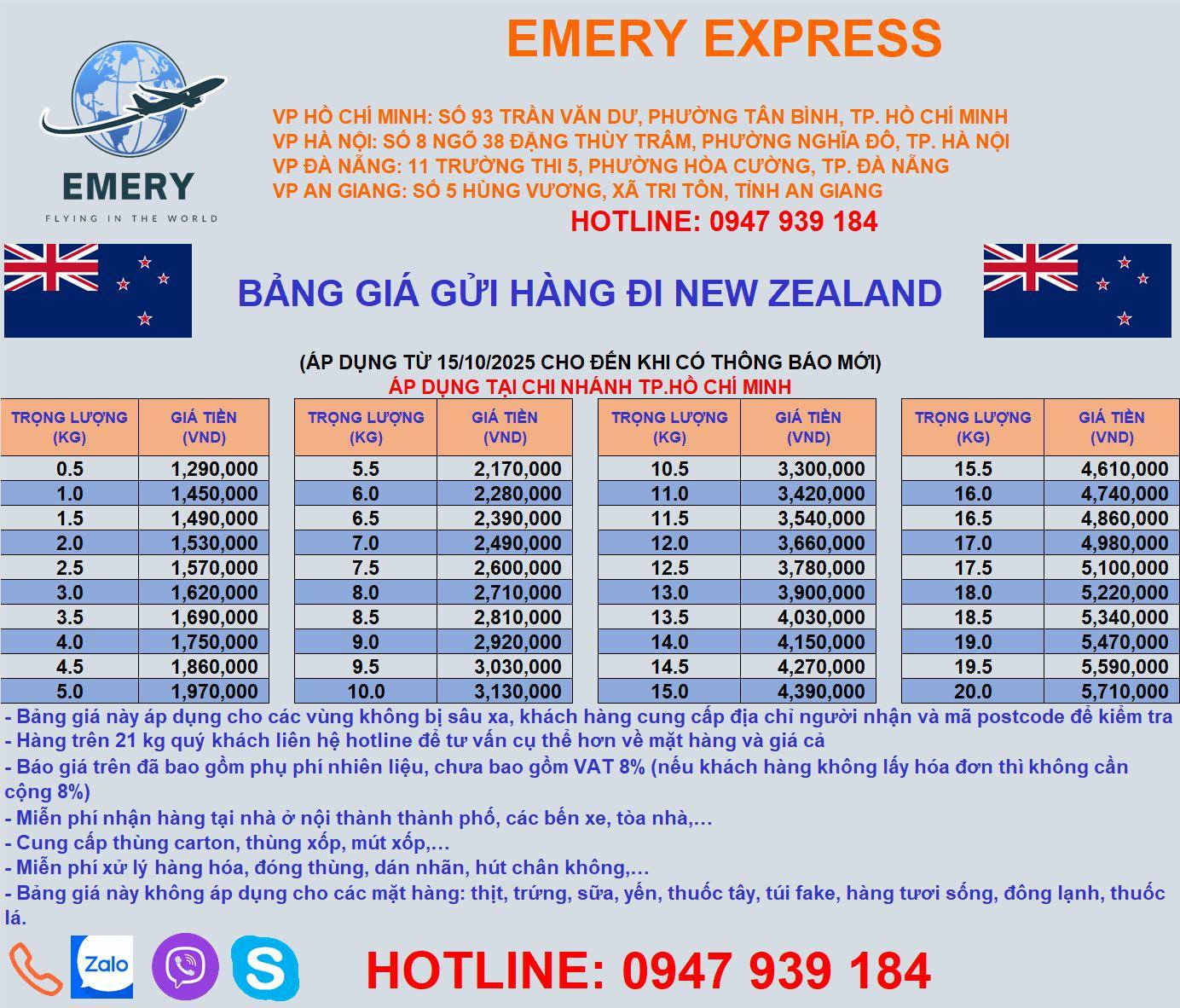 🌟 Emery Express – Shipping Solutions to New Zealand: Flexible, Dedicated, and Efficient (October 2025) 🌟 Are you looking for a reliable logistics partner to ship goods to New Zealand — a beautiful country known for its stunning nature and diverse culture? Emery Express is your ideal choice, with years of experience and top-quality international shipping services that ensure peace of mind and maximum efficiency in every shipment. Let Tien Viet Express accompany you on your journey to explore New Zealand with confidence and convenience. 📦 Shipping Options: There are two popular sea freight methods from Vietnam to New Zealand: FCL (Full Container Load) LCL (Less than Container Load) ⏱ Estimated Transit Time: Typically ranges from 25 to 35 days by sea. 🚢 Destination Ports: Auckland, Tauranga, Wellington, Lyttelton, and Dunedin. 💸 Shipping Rates to New Zealand: From Ho Chi Minh City & Hanoi – Effective from October 15, 2025 (Please refer to the detailed rate table provided below.) ✨ Why Choose Emery Express? ✨ ⭐ Experience & Expertise: Years of experience in international freight forwarding — ensuring the safety and quality of your goods. ⭐ Comprehensive Service Coverage: We handle a wide range of cargo — from regular shipments to specialized items — tailored to your logistics needs. ⭐ Competitive Pricing: Flexible and affordable shipping rates help you save costs while maintaining reliable service quality. ⭐ Dedicated Customer Support: Our professional team is always ready to assist and provide updates, ensuring your goods arrive safely and on time. ⭐ Simple Procedures: Emery Express offers streamlined, convenient shipping processes, saving you both time and effort. 🌏 EMERY EXPRESS – INTERNATIONAL SHIPPING NETWORK Addresses: Hanoi Branch: No. 8, Alley 38 Dang Thuy Tram, Dich Vong Hau Ward, Cau Giay District, Hanoi Ho Chi Minh City Branch: 93 Tran Van Du, Ward 13, Tan Binh District, HCMC Da Nang Branch: 11 Truong Thi 5, Hoa Thuan Tay, Hai Chau District, Da Nang Can Tho Branch: 520 Nguyen Van Linh, Long Hoa Ward, Binh Thuy District, Can Tho City Hotline: 090 189 91 78 An Giang Branch: No. 5 Hung Vuong Street, Tri Ton Town, An Giang Province Hotline/Zalo/Viber: 090 189 91 78 / 0903 187 454 Call Center Support: 1900 299 293 (EXT 101) 🌐 Website: https://banxangdao.com/ #EmeryExpressHanoi #InternationalShipping #NewZealandShipping #GlobalLogistics #ExpressDelivery #EmeryExpress #FastInternationalService #SendAbroadFromHanoi #banxangdao