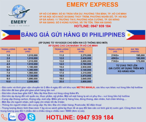 📦 SHIPPING TO THE PHILIPPINES – OCTOBER 2025 WITH EMERY EXPRESS 🇵🇭 With the motto Fast – Accurate – Safe – Economical, Emery Express is committed to providing services that always satisfy our valued customers. We are pleased to announce a special promotion for all shipments to the PHILIPPINES, starting from October 15, 2025, with many exciting offers! 🌟 SPECIAL OFFERS FROM EMERY EXPRESS for shipments to the PHILIPPINES: ✨ Free services including cargo handling, box packing, labeling, vacuum sealing, and more. ✨ The price list includes fuel surcharge and local delivery fees within the Philippines. 📍 SHIPPING RATES FROM VIETNAM TO THE PHILIPPINES Note: Prices do not include VAT. Before booking your shipment, please: ☄️ Contact us for product eligibility and shipping conditions. ☄️ Provide the recipient’s address, including postcode and phone number. If you have any questions, please feel free to reach us via the HOTLINE below or through our social platforms for professional and friendly support ❤️ EMERY EXPRESS – Fast • Accurate • Safe • Economical #EE #Express #InternationalShipping #Logistics #FastDelivery #EmeryExpress 🌏 EMERY EXPRESS – INTERNATIONAL SHIPPING NETWORK Addresses: Hanoi Branch: No. 8, Alley 38 Dang Thuy Tram, Dich Vong Hau Ward, Cau Giay District, Hanoi Ho Chi Minh City Branch: 93 Tran Van Du, Ward 13, Tan Binh District, HCMC Da Nang Branch: 11 Truong Thi 5, Hoa Thuan Tay, Hai Chau District, Da Nang Can Tho Branch: 520 Nguyen Van Linh, Long Hoa Ward, Binh Thuy District, Can Tho City Hotline: 090 189 91 78 An Giang Branch: No. 5 Hung Vuong Street, Tri Ton Town, An Giang Province Hotline/Zalo/Viber: 090 189 91 78 / 0903 187 454 Call Center Support: 1900 299 293 (EXT 101) 🌐 Website: https://banxangdao.com/ #EmeryExpressHanoi #InternationalShipping #PhilippinesShipping #GlobalLogistics #ExpressDelivery #SendAbroadFromHanoi #FastInternationalService #EmeryExpress #banxangdao