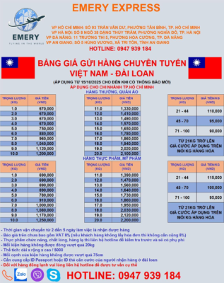 💥 SHIPPING TO TAIWAN – OCTOBER 2025 WITH EMERY EXPRESS! 💥 #Taiwan #EmeryExpress #TPE #Đài_Loan #DAI_LOAN Flights depart every Wednesday and Saturday. ✅ Import tax included ✅ Door-to-door delivery ✅ Delivery time: 3–5 working days Emery Express is well-known for providing affordable, reliable, and high-quality international shipping services. We take pride in offering attractive promotions and dedicated customer support, ensuring every shipment is handled with care and professionalism. Now, Emery Express is introducing exclusive OFFERS for shipments to TAIWAN! Join Emery Express today to experience the best deals and services available! 🌟 Exclusive Benefits with Emery Express: ✨ Assistance with documentation, customs clearance, and cargo handling ✨ Full labeling with complete shipment details ✨ Door-to-door pickup and delivery service ✨ Free professional packaging following international standards ✨ Dedicated and thorough customer consultation 📌 SPECIAL DISCOUNT PRICE LIST – SHIPPING FROM VIETNAM TO TAIWAN Note: Prices do not include VAT. Before booking, please: ☄️ Contact us to confirm product eligibility for shipment. ☄️ Provide the recipient’s full address, including postcode and phone number. If you have any questions, please contact us via the HOTLINE below or through our online platforms for dedicated support from our friendly staff ❤️ 🌏 EMERY EXPRESS – INTERNATIONAL SHIPPING NETWORK Addresses: Hanoi Branch: No. 8, Alley 38 Dang Thuy Tram, Dich Vong Hau Ward, Cau Giay District, Hanoi Ho Chi Minh City Branch: 93 Tran Van Du, Ward 13, Tan Binh District, HCMC Da Nang Branch: 11 Truong Thi 5, Hoa Thuan Tay, Hai Chau District, Da Nang Can Tho Branch: 520 Nguyen Van Linh, Long Hoa Ward, Binh Thuy District, Can Tho City Hotline: 090 189 91 78 An Giang Branch: No. 5 Hung Vuong Street, Tri Ton Town, An Giang Province Hotline/Zalo/Viber: 090 189 91 78 / 0903 187 454 Call Center Support: 1900 299 293 (EXT 101) 🌐 Website: https://banxangdao.com/ #EmeryExpressHanoi #InternationalShipping #TaiwanShipping #GlobalLogistics #ExpressDelivery #SendAbroadFromHanoi #FastInternationalService #EmeryExpress #banxangdao