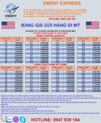 🎉 CHEAP INTERNATIONAL SHIPPING FROM HANOI TO THE USA – DETAILED PRICE LIST FOR OCTOBER 2025 🎉 Emery Express is a company specializing in international shipping and express delivery services. We are an authorized agent and collection point for top global express carriers, operating under the Door-to-Door delivery model in Vietnam. Today, we are pleased to share with our valued customers the latest price list for shipping from Hanoi to the USA, offering rates more affordable than the market average. (Effective from October 15, 2025, until further notice.) ⚠️ NOTE: The above rates apply only to general items such as: Clothing (without brand labels) Dry food (no meat, eggs, or dairy ingredients) Cosmetics (with brand labels) Applicable for Hanoi Branch only. For further consultation or support, please contact our Hotlines: 📞 090 318 74 54 – 0704 679 939 EMERY EXPRESS – Fast • Accurate • Safe • Economical #EE #Express #InternationalShipping #Logistics #FastDelivery 📦 EMERY EXPRESS – INTERNATIONAL SHIPPING NETWORK Addresses: Hanoi Branch: No. 8, Alley 38 Dang Thuy Tram, Dich Vong Hau Ward, Cau Giay District, Hanoi Ho Chi Minh City Branch: 93 Tran Van Du, Ward 13, Tan Binh District, HCMC Da Nang Branch: 11 Truong Thi 5, Hoa Thuan Tay, Hai Chau District, Da Nang Can Tho Branch: 520 Nguyen Van Linh, Long Hoa Ward, Binh Thuy District, Can Tho City Hotline: 090 189 91 78 / 0937 606 439 An Giang Branch: No. 5 Hung Vuong Street, Tri Ton Town, An Giang Province Hotline/Zalo/Viber: 090 189 91 78 / 0704 679 939 Call Center Support: 1900 299 293 (EXT 101) 🌐 Website: https://banxangdao.com/ #EmeryExpressHanoi #InternationalShippingHanoi #GlobalLogistics #OverseasShipping #ExpressDelivery #EmeryExpress #FastInternationalService #ShipFromHanoi #SendAbroadFromHanoi #banxangdao