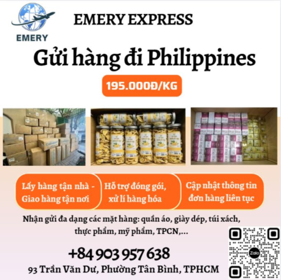 🥰Gọi Emery Express gửi hàng, nhận hàng nhanh chóng không âu lo🥰 ------------------------------------------- 🥰Đến với Emery Express, khách hàng sẽ gửi được đa dạng các loại hàng hóa từ dễ đến khó đi Philippines chỉ với 195k/kg 🥰Bên cạnh đó chúng tôi còn hỗ trợ khách hàng: 🍀 Tư vấn miễn phí 24/7 🍀 Lấy hàng tận nhà khu vực TPHCM, Hà Nội 🍀 Hỗ trợ thùng xốp, thùng carton, đóng gói, tem nhãn, hút chân không,... 🍀 Bao thuế, bao thủ tục hải quan 🍀 Giao hàng tận tay người nhận sau 3-5 ngày kể từ ngày xuất bay => Khách hàng đang tìm đơn vị gửi hàng đi Philippines liên hệ em qua hotline: +84 903 957 638 (call/zalo) để được tư vấn và hỗ trợ miễn phí ạ ========================= 𝐕𝐀̣̂𝐍 𝐂𝐇𝐔𝐘𝐄̂̉𝐍 𝐐𝐔𝐎̂́𝐂 𝐓𝐄̂́ 𝐄𝐌𝐄𝐑𝐘 🏡 Địa Chỉ HCM : Số 93 Trần Văn Dư, Phường Tân Bình, TPHCM 🏡Địa chỉ Hà Nội : Số 8 Ngõ 38 Đặng Thùy Trâm, Phường Dịch Vọng Hậu, Quận Cầu Giấy, Tp. Hà Nội 🏡Địa chỉ Cần thơ: 520 Nguyễn Văn Linh, Phường Long Hoà, Bình Thuỷ, TP Cần Thơ 🏡Địa chỉ An Giang: Số 5 đường Hùng Vương, thị trấn Tri Tôn, tỉnh An Giang 🏡 Địa chỉ Đà Nẵng: Số 11 Trường Thi 5, phường Hòa Thuận Tây, quận Hải Châu, TP Đà Nẵng 𝑯𝒐𝒕𝒍𝒊𝒏𝒆: +84 903 957 638 (call/Zalo) Ms. Uyên