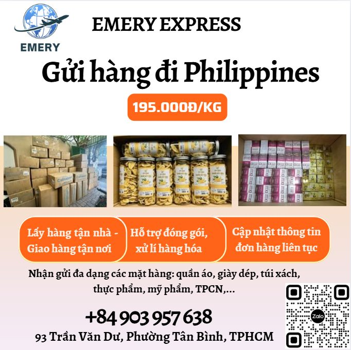 🥰Gọi Emery Express gửi hàng, nhận hàng nhanh chóng không âu lo🥰 ------------------------------------------- 🥰Đến với Emery Express, khách hàng sẽ gửi được đa dạng các loại hàng hóa từ dễ đến khó đi Philippines chỉ với 195k/kg 🥰Bên cạnh đó chúng tôi còn hỗ trợ khách hàng: 🍀 Tư vấn miễn phí 24/7 🍀 Lấy hàng tận nhà khu vực TPHCM, Hà Nội 🍀 Hỗ trợ thùng xốp, thùng carton, đóng gói, tem nhãn, hút chân không,... 🍀 Bao thuế, bao thủ tục hải quan 🍀 Giao hàng tận tay người nhận sau 3-5 ngày kể từ ngày xuất bay => Khách hàng đang tìm đơn vị gửi hàng đi Philippines liên hệ em qua hotline: +84 903 957 638 (call/zalo) để được tư vấn và hỗ trợ miễn phí ạ ========================= 𝐕𝐀̣̂𝐍 𝐂𝐇𝐔𝐘𝐄̂̉𝐍 𝐐𝐔𝐎̂́𝐂 𝐓𝐄̂́ 𝐄𝐌𝐄𝐑𝐘 🏡 Địa Chỉ HCM : Số 93 Trần Văn Dư, Phường Tân Bình, TPHCM 🏡Địa chỉ Hà Nội : Số 8 Ngõ 38 Đặng Thùy Trâm, Phường Dịch Vọng Hậu, Quận Cầu Giấy, Tp. Hà Nội 🏡Địa chỉ Cần thơ: 520 Nguyễn Văn Linh, Phường Long Hoà, Bình Thuỷ, TP Cần Thơ 🏡Địa chỉ An Giang: Số 5 đường Hùng Vương, thị trấn Tri Tôn, tỉnh An Giang 🏡 Địa chỉ Đà Nẵng: Số 11 Trường Thi 5, phường Hòa Thuận Tây, quận Hải Châu, TP Đà Nẵng 𝑯𝒐𝒕𝒍𝒊𝒏𝒆: +84 903 957 638 (call/Zalo) Ms. Uyên