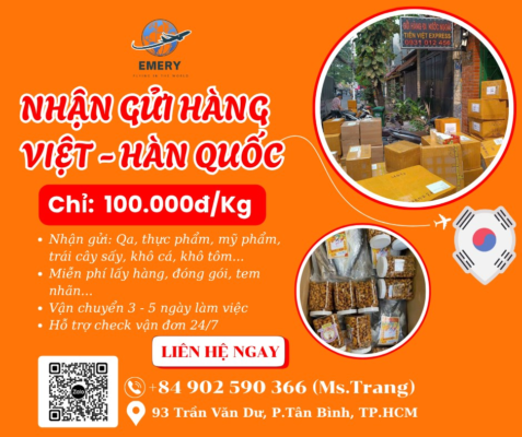 🇻🇳✈️🇰🇷 GỬI HÀNG ĐI HÀN QUỐC CHỈ 100.000đ/kg 📦 Nhanh – An toàn – Tiết kiệm hơn bao giờ hết! 📦 Giá chỉ 100.000đ/kg ⏱ Thời gian vận chuyển: 3 – 5 ngày làm việc 🎁 Miễn phí đóng gói, tem nhãn, hút chân không 📍 Có mã theo dõi đơn hàng rõ ràng ✅ Nhận gửi: thực phẩm khô, quà biếu, mỹ phẩm, hàng kinh doanh ✅ Giao nhận tận nơi, hỗ trợ tận tình từ A–Z 📩 Inbox ngay để được tư vấn & nhận ưu đãi hôm nay! 📞 Hotline: +84902 590 366 (Ms Trang) để được tư vấn! --------------- ✈ EMERY EXPRESS - VẬN CHUYỂN QUỐC TẾ 📞 Hotline: +84902 590 366 (Ms Trang) /-li Địa chỉ Tp.HCM: 93 Trần Văn Dư, P.Tân Bình, Tp.HCM /-li Địa chỉ Hà Nội: 38/8 Đặng Thùy Trâm, P.Cầu Giấy, Hà Nội