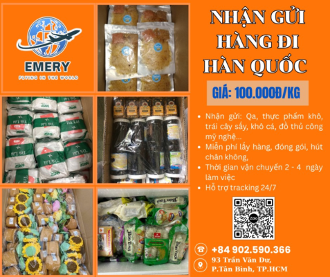 🇻🇳✈️ GỬI HÀNG TỪ VIỆT NAM SANG HÀN QUỐC Bạn cần gửi quà, hàng hóa cho người thân hoặc kinh doanh tại Hàn Quốc? EMERY EXPRESS nhận gửi mọi mặt hàng hợp lệ với chi phí siêu tiết kiệm! 🔥 📦 Nhận gửi đa dạng: quần áo, mỹ phẩm, thực phẩm khô, thuốc tây, hàng kinh doanh… ⚡ Thời gian vận chuyển: 3 – 5 ngày làm việc 💰 Giá chỉ từ: 100.000đ/kg 🛡️ Miễn phí: đóng gói – hút chân không – tem nhãn – khai hải quan 📲 Theo dõi đơn hàng 24/7 📞 Liên hệ ngay Ms. Trang: 0902 590 366 🏢 EMERY EXPRESS – VẬN CHUYỂN QUỐC TẾ