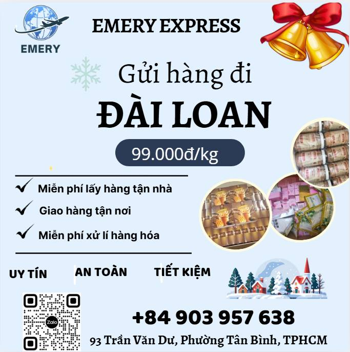 🧑‍🎄CHRISTMAS IS COMING🎄🎄🎄 💝Giáng sinh đang đến gần, đây là dịp tuyệt vời để trao nhau những món quà ý nghĩa, gửi gắm lời chúc sức khỏe và bình an đến những người bạn yêu thương 💝 Hãy để Emery Express giúp bạn gửi những món quà, những lời chúc tốt đẹp đến người thân ở phương xa 💘 Giá ưu đãi chỉ 99k/kg khi gửi hàng đi Đài Loan khách hàng có thể gửi đa dạng các mặt hàng tại Emery Express như: quần áo, giày dép, túi xách, thực phẩm, TPCN, thuốc, yến,.. cho người thân. 💘 Gửi hàng ở Emery Express, khách hàng sẽ được bên em hỗ trợ: ⚡️ Miễn phí lấy hàng nội thành Hà Nội, Hồ Chí Minh ⚡️ Miễn phí đóng gói h.àng, hút chân không, tem nhãn ⚡️Cập nhật trạng thái đơn hàng liên tục ⚡️Giao hàng tận nơi ⚡️ Tư vấn tận tâm, nhiệt tình 24/7 𝑯𝒐𝒕𝒍𝒊𝒏𝒆: +84 903 957 638 (call/Zalo) Ms. Uyên