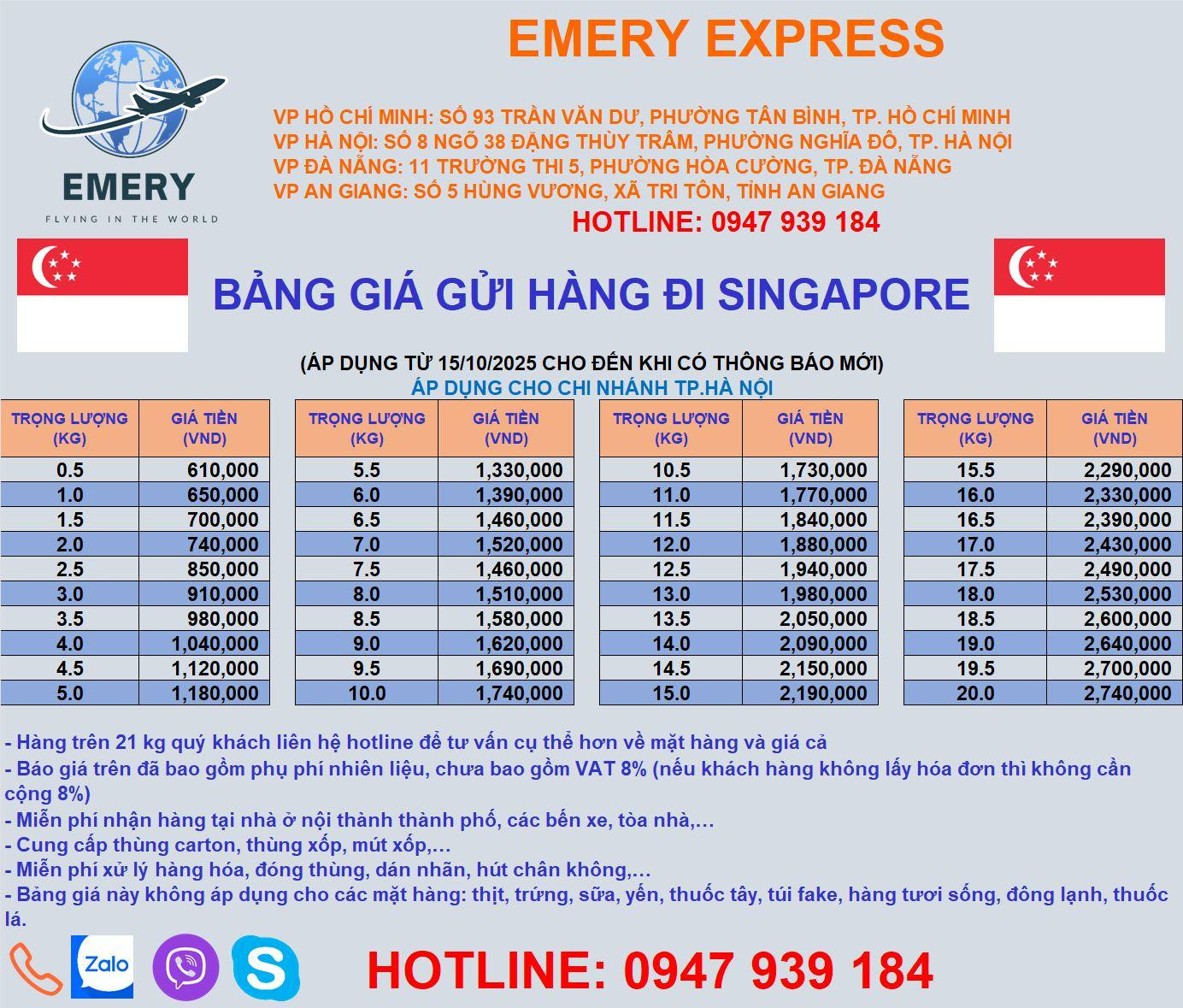 GỬI HÀNG SANG SINGAPORE THÁNG 11/2025 TẠI EMERY EXPRESS Với phương châm hoạt động nhanh chóng – chính xác – an toàn – tiết kiệm. Chúng tôi luôn làm cho các khách hàng hài lòng. Hiện tại, chúng tôi đang có chương trình khuyến mãi cho các đơn hàng chuyển tới SINGAPORE . Chương trình sẽ bắt đầu áp dụng từ ngày 15/5/2025 với nhiều ưu đãi hấp dẫn. ƯU ĐÃI CỦA EMERY EXPRESS khi giao hàng đến SINGAPORE với giá cực kì hấp dẫn: ✨ Miễn phí xử lí hàng hoá, đóng thùng, dán nhãn, hút chân không,.. ✨Bảng giá sẽ bao gồm phí xăng dầu, phí ship nội địa tại SINGAPORE. 📍BẢNG GIÁ VẬN CHUYỂN TỪ VIỆT NAM SANG SINGAPORE Lưu ý: Bảng giá trên chưa bao gồm thuế VAT. Khi quý khách muốn đặt dịch vụ vui lòng: ☄️ Liên hệ với chúng tôi để biết về điều kiện các sản phẩm khi gửi đi. ☄️ Cung cấp địa chỉ nhận hàng: Postcode, Số điện thoại. Nếu có thắc mắc hãy liên hệ với chúng tôi qua HOTLINE bên dưới hoặc qua các nền tảng để nhận được sự tư vấn tận tình từ đội ngũ nhân viên chúng tôi ❤️ EMERY EXPRESS - Nhanh chóng-Chính xác-An toàn-Tiết Kiệm #EMERY #Express #Vận_chuyển_quốc_tế #Logistics #Chuyển_phát_nhanh #tienvietexpress HỆ THỐNG GỬI HÀNG ĐI NƯỚC NGOÀI EMERY EXPRESS Địa chỉ: - Chi nhánh Hà Nội: Số 8 Ngõ 38 Đặng Thùy Trâm , Phường Dịch Vọng Hậu, Quận Cầu Giấy, TP.Hà Nội - Chi nhánh Hồ Chí Minh: 93 Trần Văn Dư, Phường 13, Quận Tân Bình, TP.HCM - Chi nhánh Đà Nẵng : 11 Trường Thi 5 , Hòa Thuận Tây, Hải Châu, Đà Nẵng . - Chi Nhánh Cần Thơ: 520 Nguyễn Văn Linh, Phường Long Hoà, Bình Thuỷ, TP Cần Thơ Hotline: 090 189 91 78 _ Chi nhánh An Giang : Số 5 đường Hùng Vương, Thị Trấn Tri Tôn, Tỉnh An Giang Hotline/Zalo/Viber: 090 189 91 78 / 0903187454 Call Center Support : 1900 299 293 EXT 101 Website : https://banxangdao.com/ #EMERYexpresshanoi #guihangdinuocngoaihanoi #vanchuyenquoctehanoi #guihangdinuocngoaiganday #guihanghanoi #EMERYexpress #chuyenphatquocte #dichvuchuyenphatnhanh #vanchuyenquocte #shiphanghanoi #shiphangdinuocngoaiganday #vanchuyenganday #guihanghanoiganday #banxangdao