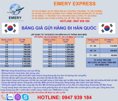 GỬI HÀNG SANG HÀN QUỐC THÁNG 11/2025 #KOREA #EMERYEXPRESS #HAN_QUOC Với phương châm hoạt động nhanh chóng – chính xác – an toàn – tiết kiệm. Chúng tôi luôn làm cho các khách hàng hài lòng. Hiện tại, chúng tôi đang có chương trình khuyến mãi cho các đơn hàng chuyển tới HÀN QUỐC. Chương trình sẽ bắt đầu áp dụng từ ngày 15/10/2025 với nhiều ưu đãi hấp dẫn. ƯU ĐÃI CỦA EMERY EXPRESS khi giao hàng đến Hàn Quốc với giá cực kì hấp dẫn: ✨ Miễn phí xử lí hàng hoá, đóng thùng, dán nhãn, hút chân không,.. ✨Bảng giá sẽ bao gồm phí xăng dầu, phí ship nội địa tại Hàn Quốc. 💥 Lưu ý: Bảng giá trên chưa bao gồm thuế VAT. Khi quý khách muốn đặt dịch vụ vui lòng: ☄️ Liên hệ với chúng tôi để biết về điều kiện các sản phẩm khi gửi đi. ☄️ Cung cấp địa chỉ nhận hàng: Postcode, Số điện thoại. Nếu có thắc mắc hãy liên hệ với chúng tôi qua HOTLINE bên dưới hoặc qua các nền tảng để nhận được sự tư vấn tận tình từ đội ngũ nhân viên chúng tôi ❤️ HỆ THỐNG GỬI HÀNG ĐI NƯỚC NGOÀI EMERY EXPRESS Địa chỉ: - Chi nhánh Hà Nội: Số 8 Ngõ 38 Đặng Thùy Trâm , Phường Dịch Vọng Hậu, Quận Cầu Giấy, TP.Hà Nội - Chi nhánh Hồ Chí Minh: 93 Trần Văn Dư, Phường 13, Quận Tân Bình, TP.HCM - Chi nhánh Đà Nẵng : 11 Trường Thi 5 , Hòa Thuận Tây, Hải Châu, Đà Nẵng . - Chi Nhánh Cần Thơ: 520 Nguyễn Văn Linh, Phường Long Hoà, Bình Thuỷ, TP Cần Thơ Hotline: 090 189 91 78 _ Chi nhánh An Giang : Số 5 đường Hùng Vương, Thị Trấn Tri Tôn, Tỉnh An Giang Hotline/Zalo/Viber: 090 189 91 78 / 0903187454 Call Center Support : 1900 299 293 EXT 101 Website : https://banxangdao.com/ #emeryexpresshanoi #guihangdinuocngoaihanoi #vanchuyenquoctehanoi #guihangdinuocngoaiganday #guihanghanoi #emeryexpress #chuyenphatquocte #dichvuchuyenphatnhanh #vanchuyenquocte #shiphanghanoi #shiphangdinuocngoaiganday #vanchuyenganday #guihanghanoiganday #banxangdao
