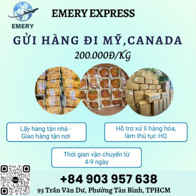 Giá tốt bất chấp mọi thời điểm - chỉ 220k/kg khi gửi hàng đi US, Canada tại Emery Express 🥰 Đến Emery Express gửi hàng đi USA, Canada siêu nhanh, siêu rẻ, siêu uy tín 🐳 Hỗ trợ lấy hàng tại nhà ở HCM, Hà Nội free 🐳 Giao hàng tận nơi 🐳 Hỗ trợ xử lí, đóng gói, bao bì, nhãn mác, hút chân không MIỄN PHÍ 🐳 Cung cấp Tracking theo dõi đơn hàng 🐳 Thời gian vận chuyển nhanh chỉ 4-9 ngày làm việc ❌ Thanh toán 1 lần, không phát sinh phí 🎁🎁Đặc biệt ⭐️𝐺𝑢̛̉𝑖 𝑐𝑎̀𝑛𝑔 𝑛ℎ𝑖𝑒̂̀𝑢 - 𝐺𝑖𝑎́ 𝑐𝑎̀𝑛𝑔 𝑟𝑒̉ 𝑡𝑎̣𝑖 𝐸𝑚𝑒𝑟𝑦 𝐸𝑥𝑝𝑟𝑒𝑠𝑠 ⭐️ ☎️ Liên hệ ngay zalo/call: 𝟎𝟗𝟎𝟑.𝟗𝟓𝟕.𝟔𝟑𝟖 để được tư vấn khách nhé !