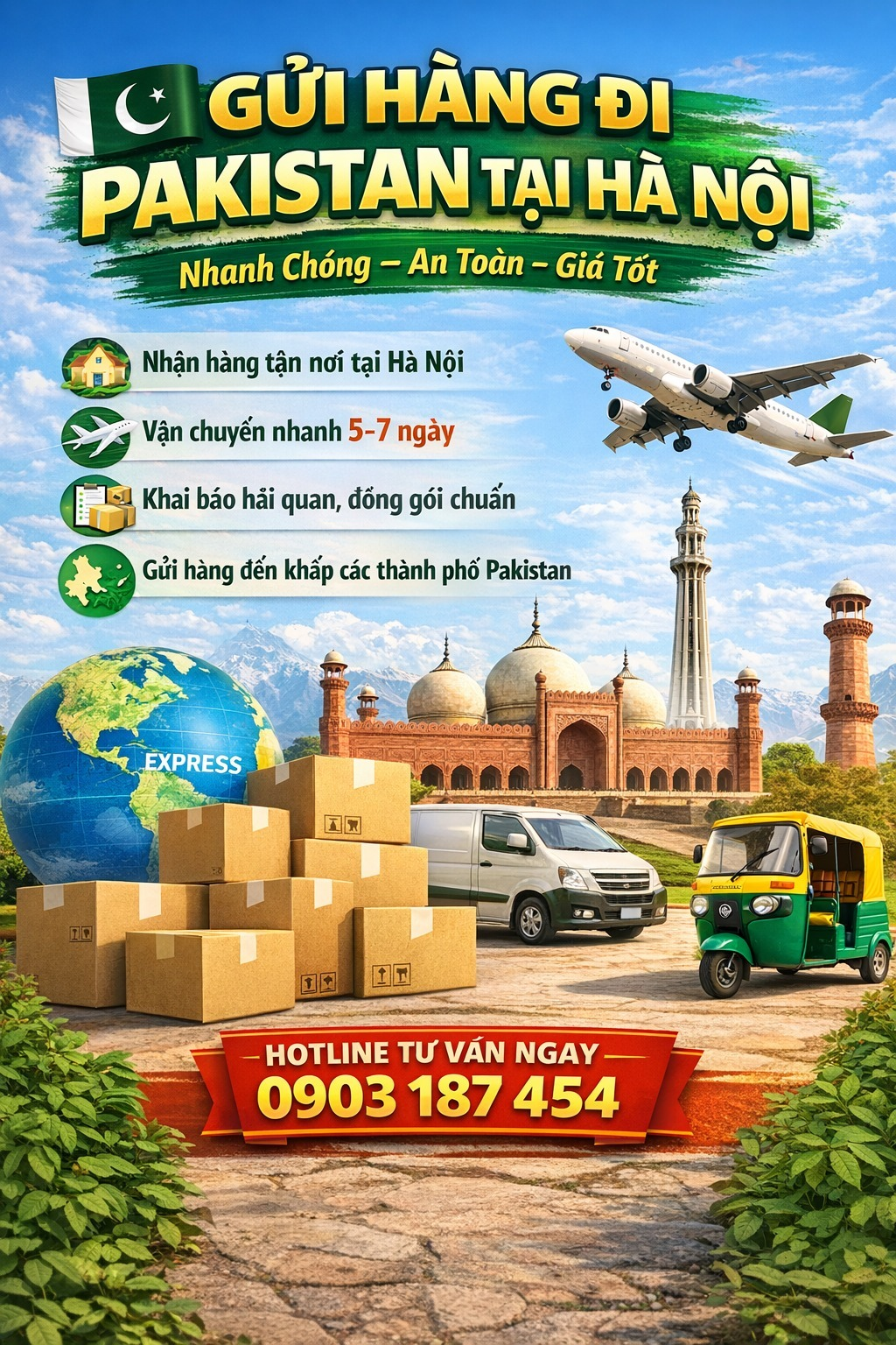 🇵🇰✈️ SHIPPING TO PAKISTAN FROM HANOI – FAST, SAFE & AFFORDABLE ✈️🇵🇰 Are you looking to send goods from Hanoi to Pakistan for your relatives, international students, overseas workers, or business partners? 👉 We provide reliable, professional, and on-time international shipping services to Pakistan, offering full A–Z support from pickup to final delivery. 📦 WE ACCEPT A WIDE VARIETY OF CARGO: Documents, paperwork, and certificates Gifts, personal items, and luggage Dried food products (in compliance with customs regulations) Cosmetics and consumer goods Commercial goods, samples, and business shipments 🚀 WHY CHOOSE OUR PAKISTAN SHIPPING SERVICE FROM HANOI? ✅ Door-to-door pickup in Hanoi ✅ Fast transit time: 5–7 days ✅ Professional packing & customs declaration support ✅ 24/7 shipment tracking ✅ Competitive, transparent pricing – no hidden fees 🌍 DELIVERY TO ALL MAJOR CITIES IN PAKISTAN: Karachi Lahore Islamabad Rawalpindi Faisalabad 👉 And all provinces across Pakistan 📞 CONTACT US NOW FOR CONSULTATION & QUOTATION: Hotline: +84 903 187 454 📌 Free consultation – fast quotation – dedicated support 📍 SHIPPING TO PAKISTAN FROM HANOI – Connecting internationally, delivering peace of mind with every shipment! #quangngaiexpress #Pakistan #angiangexpress #bacgiangexpress #baccanexpress #baclieuexpress #bacninhexpress #bentreexpress #binhdinhexpress #binhduongexpress #binhphuocexpress #binhthuanexpress #caobangexpress #canthoexpress #danangexpress #daklakexpress #daknongexpress #dienbienexpress #dongnaiexpress #dongthapexpress #gialaiexpress #hagiangexpress #haiduongexpress #haiphongexpress #hanamexpress #hanoiexpress #hatinhexpress #hoabinhexpress #hungyenexpress #khanhhoaexpress #kiengiangexpress #kontumexpress