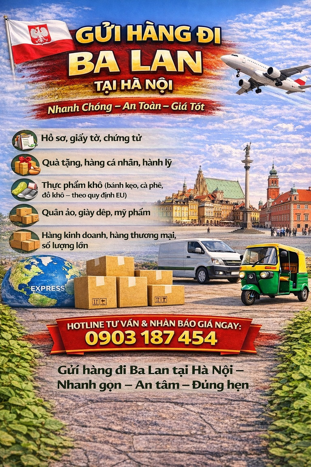 🇵🇱✈️ SHIPPING TO POLAND FROM HANOI – FAST, SAFE & AFFORDABLE ✈️🇵🇱 Are you looking to send goods from Hanoi to Poland for your relatives, international students, overseas workers, or business partners? 👉 We provide reliable, professional, and on-time international shipping services to Poland, offering full door-to-door support from pickup to final delivery. 📦 WE ACCEPT A WIDE RANGE OF CARGO: 📄 Documents, paperwork, and certificates 🎁 Gifts, personal items, and luggage 🍪 Dried food products (snacks, coffee, dried goods – in compliance with EU regulations) 👕👟 Clothing, footwear, and cosmetics 📦 Commercial goods and bulk shipments 🚀 WHY CHOOSE OUR POLAND SHIPPING SERVICE FROM HANOI? ✅ Door-to-door pickup in Hanoi ✅ Secure packing according to international standards ✅ Full customs declaration & clearance support ✅ Fast transit time: 5–7 days ✅ Transparent and accurate shipment tracking ✅ Door-to-door delivery across Poland 🌍 DELIVERY TO ALL MAJOR CITIES IN POLAND: Warsaw Kraków Wrocław Gdańsk Poznań 👉 And all other areas throughout Poland 💰 COMPETITIVE RATES – CLEAR & TRANSPARENT QUOTATIONS Shipping fees based on weight and cargo type Special discounts for frequent and bulk shipments No hidden charges guaranteed 📞 HOTLINE FOR CONSULTATION & INSTANT QUOTATION: 👉 +84 903 187 454 📍 SHIPPING TO POLAND FROM HANOI – Fast – Secure – On-time Contact us today for free consultation and the best available rates! #angiangexpress #bacgiangexpress #baccanexpress #baclieuexpress #bacninhexpress #bentreexpress #binhdinhexpress #binhduongexpress #binhphuocexpress #binhthuanexpress #caobangexpress #canthoexpress #danangexpress #daklakexpress #daknongexpress #dienbienexpress #dongnaiexpress #dongthapexpress #gialaiexpress #hagiangexpress #haiduongexpress #haiphongexpress #hanamexpress #hanoiexpress #hatinhexpress #hoabinhexpress #hungyenexpress #khanhhoaexpress #kiengiangexpress #kontumexpress