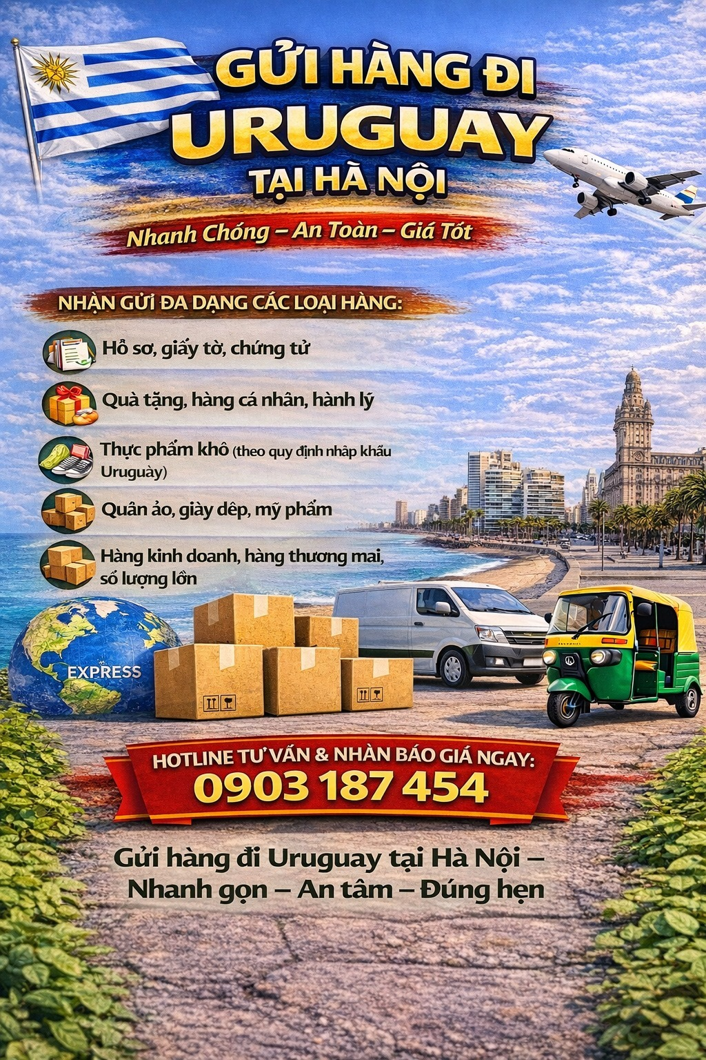 🇺🇾✈️ SHIPPING TO URUGUAY FROM HANOI – FAST, SAFE & AFFORDABLE ✈️🇺🇾 Are you looking to send goods from Hanoi to Uruguay for your relatives, international students, overseas workers, or business partners? 👉 We provide reliable, professional, and on-time international shipping services to Uruguay, offering full door-to-door support from pickup to final delivery. 📦 WE ACCEPT A WIDE RANGE OF CARGO: 📄 Documents, paperwork, and certificates 🎁 Gifts, personal items, and luggage 🍪 Dried food products (in compliance with Uruguayan import regulations) 👕👟 Clothing, footwear, and cosmetics 📦 Commercial goods and bulk shipments 🚀 WHY CHOOSE OUR URUGUAY SHIPPING SERVICE FROM HANOI? ✅ Door-to-door pickup in Hanoi ✅ Secure packing according to international standards ✅ Full customs declaration & clearance support ✅ Fast transit time: 7–10 days ✅ Transparent and accurate shipment tracking ✅ Door-to-door delivery across Uruguay 🌍 DELIVERY TO ALL MAJOR CITIES IN URUGUAY: Montevideo Salto Paysandú Maldonado Rivera 👉 And all other areas throughout Uruguay 💰 COMPETITIVE RATES – CLEAR & TRANSPARENT QUOTATIONS Shipping fees based on weight and cargo type Special discounts for frequent and bulk shipments No hidden charges guaranteed 📞 HOTLINE FOR CONSULTATION & INSTANT QUOTATION: 👉 +84 903 187 454 📍 SHIPPING TO URUGUAY FROM HANOI – Fast – Secure – On-time Contact us today for free consultation and the best available rates! #laichauexpress #lamdongexpress #langsonexpress #laocaiexpress #longanexpress #namdinhexpress #ngheanexpress #ninhbinhexpress #ninhthuanexpress #phuthoexpress #phuyenexpress #quangbinhexpress #quangnamexpress #quangngaiexpress #quangninhexpress #quangtriexpress #Soctrangexpress #sonlaexpress #tayninhexpress #thaibinhexpress #thainguyenexpress #thanhhoaexpress #thuathienhueexpress #tiengiangexpress #tphcmexpress #travinhexpress #tuyenquangexpress #vinhlongexpress #vinhphucexpress #yenbaiexpress #bariavungtauexpress #baclieuexpress #camauexpress