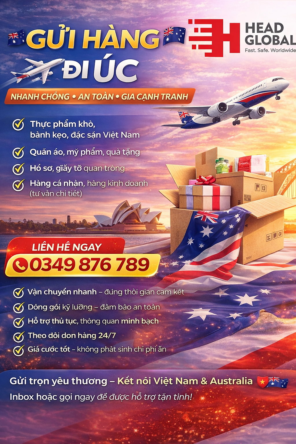 🇦🇺✈️ SHIP TO AUSTRALIA – FAST – SAFE – COMPETITIVE RATES ✈️🇦🇺 Are you looking to send packages to Australia for your family, international students, or business partners? 👉 We provide reliable shipping to Australia with dedicated support from A to Z 🚀 📦 We accept a wide range of items: ✔️ Dried food, snacks, and Vietnamese specialties ✔️ Clothes, cosmetics, and gifts ✔️ Important documents and papers ✔️ Personal and commercial goods (detailed consultation provided) 💎 Service Advantages ✅ Fast delivery – on time as committed ✅ Careful packing – ensuring safety ✅ Full support with procedures and transparent customs clearance ✅ 24/7 shipment tracking ✅ Good rates – no hidden fees 📞 Contact us now for consultation & quick quotation: 🔥 Hotline: 0349 876 789 🔥 ✈️ Delivering your love – Connecting Vietnam & Australia 🇻🇳🇦🇺 Inbox or call us now for dedicated support!