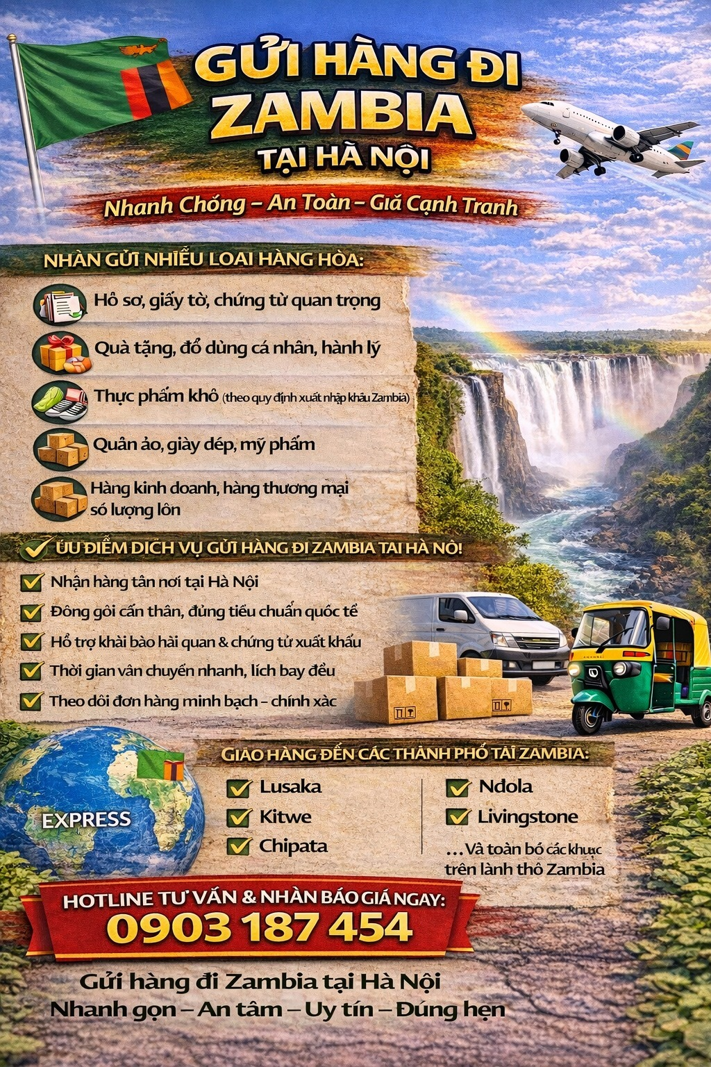 🇿🇲✈️ SHIPPING TO ZAMBIA FROM HANOI – FAST, SAFE & COMPETITIVE PRICES ✈️🇿🇲 Are you looking to send goods from Hanoi to Zambia for your relatives, friends, business partners, or international customers? 👉 We provide reliable, professional, and on-time international shipping services to Zambia, offering door-to-door support from pickup to final delivery. 📦 WE ACCEPT A WIDE RANGE OF CARGO: 📄 Documents, files, and important paperwork 🎁 Gifts, personal belongings, and luggage 🍪 Dried food products (in compliance with Zambian import regulations) 👕👟 Clothing, footwear, and cosmetics 📦 Commercial goods and bulk shipments 🚀 WHY CHOOSE OUR ZAMBIA SHIPPING SERVICE FROM HANOI? ✅ Door-to-door pickup in Hanoi ✅ Secure packing following international standards ✅ Customs clearance & export documentation support ✅ Fast transit times with regular flight schedules ✅ Transparent and accurate shipment tracking ✅ Door-to-door delivery across Zambia 🌍 DELIVERY TO ALL MAJOR CITIES IN ZAMBIA: Lusaka Ndola Kitwe Livingstone Chipata 👉 And all other areas throughout Zambia 💰 REASONABLE RATES – CLEAR & TRANSPARENT QUOTATIONS Freight charges based on weight and cargo type Special discounts for frequent and bulk shipments No hidden fees – no extra charges beyond the quoted price 📞 HOTLINE FOR CONSULTATION & INSTANT QUOTATION: 👉 +84 903 187 454 📍 SHIPPING TO ZAMBIA FROM HANOI Fast – Secure – Reliable – On-time 👉 If you need advertising images with hotline, a shortened version for fanpage posts, or SEO-optimized content for your website, just message “create image” and I’ll assist you right away. #angiangexpress #bacgiangexpress #baccanexpress #baclieuexpress #bacninhexpress #bentreexpress #binhdinhexpress #binhduongexpress #binhphuocexpress #binhthuanexpress #caobangexpress #canthoexpress #danangexpress #daklakexpress #daknongexpress #dienbienexpress #dongnaiexpress #dongthapexpress #gialaiexpress #hagiangexpress #haiduongexpress #haiphongexpress #hanamexpress #hanoiexpress #hatinhexpress #hoabinhexpress #hungyenexpress #khanhhoaexpress #kiengiangexpress #kontumexpress #laichauexpress #lamdongexpress #langsonexpress #laocaiexpress #longanexpress #namdinhexpress #ngheanexpress #ninhbinhexpress #ninhthuanexpress #phuthoexpress #phuyenexpress #quangbinhexpress #quangnamexpress #quangngaiexpress #quangninhexpress #quangtriexpress #Soctrangexpress #sonlaexpress #tayninhexpress #thaibinhexpress #thainguyenexpress #thanhhoaexpress #thuathienhueexpress #tiengiangexpress #tphcmexpress #travinhexpress #tuyenquangexpress #vinhlongexpress #vinhphucexpress #yenbaiexpress #bariavungtauexpress #baclieuexpress #camauexpress