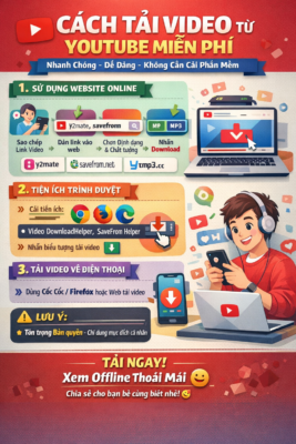 Để tải video YouTube, bạn có thể dùng các trang web như Savefrom.net, X2convert, hoặc YT1s bằng cách sao chép link video trên YouTube, dán vào trang tải về, chọn định dạng/chất lượng và nhấn tải xuống. Đối với điện thoại Android, bạn cũng có thể dùng ứng dụng như SnapTube hoặc dùng tính năng tải trực tiếp trong ứng dụng YouTube (nếu có). Cách 1: Dùng website (Máy tính & Điện thoại) Sao chép link video: Mở video trên YouTube, nhấn Chia sẻ (Share) và chọn Sao chép liên kết (Copy link). Truy cập trang tải về: Mở trình duyệt và truy cập các trang như savefrom.net, x2convert.com, yt1s.com. Dán link và tải: Dán link vừa sao chép vào ô trống, nhấn nút Start/Tải xuống/Convert, chọn chất lượng (MP4, 1080p, 720p...) và nhấn Download. Cách 2: Dùng ứng dụng (Android) Dùng SnapTube: Tải và cài đặt ứng dụng SnapTube, tìm video trong ứng dụng, chọn chất lượng và tải về. Tải trực tiếp trong YouTube (có thể giới hạn): Mở video, chọn nút Tải xuống (Download) bên dưới video, chọn chất lượng, video sẽ được lưu trong thư viện của ứng dụng. Cách 3: Dùng trình duyệt Cốc Cốc (Máy tính) Mở video YouTube bằng trình duyệt Cốc Cốc (dựa trên nền tảng Chromium). Khi mở video, một thanh công cụ tải video sẽ xuất hiện, bạn chỉ cần nhấp vào đó để chọn chất lượng và tải xuống. Lưu ý: Các trang web tải video thường có nhiều quảng cáo, và chất lượng tải xuống phụ thuộc vào video gốc.