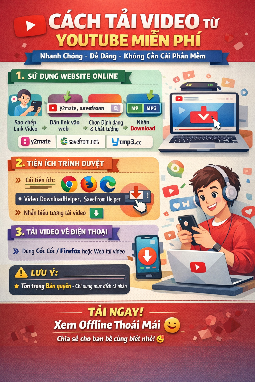 Để tải video YouTube, bạn có thể dùng các trang web như Savefrom.net, X2convert, hoặc YT1s bằng cách sao chép link video trên YouTube, dán vào trang tải về, chọn định dạng/chất lượng và nhấn tải xuống. Đối với điện thoại Android, bạn cũng có thể dùng ứng dụng như SnapTube hoặc dùng tính năng tải trực tiếp trong ứng dụng YouTube (nếu có). Cách 1: Dùng website (Máy tính & Điện thoại) Sao chép link video: Mở video trên YouTube, nhấn Chia sẻ (Share) và chọn Sao chép liên kết (Copy link). Truy cập trang tải về: Mở trình duyệt và truy cập các trang như savefrom.net, x2convert.com, yt1s.com. Dán link và tải: Dán link vừa sao chép vào ô trống, nhấn nút Start/Tải xuống/Convert, chọn chất lượng (MP4, 1080p, 720p...) và nhấn Download. Cách 2: Dùng ứng dụng (Android) Dùng SnapTube: Tải và cài đặt ứng dụng SnapTube, tìm video trong ứng dụng, chọn chất lượng và tải về. Tải trực tiếp trong YouTube (có thể giới hạn): Mở video, chọn nút Tải xuống (Download) bên dưới video, chọn chất lượng, video sẽ được lưu trong thư viện của ứng dụng. Cách 3: Dùng trình duyệt Cốc Cốc (Máy tính) Mở video YouTube bằng trình duyệt Cốc Cốc (dựa trên nền tảng Chromium). Khi mở video, một thanh công cụ tải video sẽ xuất hiện, bạn chỉ cần nhấp vào đó để chọn chất lượng và tải xuống. Lưu ý: Các trang web tải video thường có nhiều quảng cáo, và chất lượng tải xuống phụ thuộc vào video gốc.