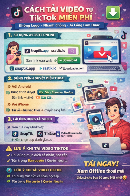 📥 CÁCH TẢI VIDEO TỪ TIKTOK MIỄN PHÍ – KHÔNG LOGO, NHANH CHÓNG
Bạn muốn tải video TikTok về máy để xem offline, lưu làm tư liệu, học tập hoặc chia sẻ nhưng không biết cách, sợ dính logo hoặc mất phí?
👉 Đừng lo! Bài viết dưới đây sẽ hướng dẫn bạn cách tải video TikTok miễn phí, đơn giản, ai cũng làm được.
✅ 1. Tải video TikTok bằng website online (không cần cài app)
🔹 Cách thực hiện:
Mở TikTok → chọn video cần tải
Nhấn Chia sẻ → Sao chép liên kết
Truy cập một trong các website tải video TikTok:
snaptik.app
ssstik.io
ttdownloader.com
Dán link video vào ô trống
Chọn Tải video không logo → Download
👉 Ưu điểm:
Miễn phí 100%
Không cần đăng ký tài khoản
Hỗ trợ tải không logo
Dùng được trên máy tính & điện thoại
✅ 2. Tải video TikTok bằng trình duyệt trên điện thoại
🔹 Với Android:
Dùng trình duyệt Cốc Cốc, Chrome hoặc Firefox
Truy cập website tải video TikTok
Dán link → tải về → video lưu trực tiếp trong máy
🔹 Với iPhone:
Dùng Safari hoặc Chrome
Tải video về → lưu vào Files → chuyển sang Ảnh
👉 Phù hợp khi không muốn cài thêm ứng dụng.
✅ 3. Tải video TikTok bằng ứng dụng hỗ trợ (tùy chọn)
Bạn có thể cài các app tải video TikTok trên CH Play (Android):
SnapTik
TikSave
Video Downloader for TikTok
⚠️ Nên chọn app có đánh giá cao để tránh quảng cáo hoặc rủi ro bảo mật.
⚠️ LƯU Ý KHI TẢI VIDEO TIKTOK
Chỉ tải video để xem cá nhân, học tập, tham khảo
Không reup, sử dụng video cho mục đích thương mại khi chưa được sự cho phép
Tôn trọng bản quyền và quyền riêng tư của người sáng tạo nội dung
🎯 KẾT LUẬN
Chỉ với vài thao tác đơn giản, bạn đã có thể tải video TikTok miễn phí, không logo, nhanh chóng và tiện lợi mà không cần kỹ thuật phức tạp.
👉 Nếu thấy bài viết hữu ích, hãy chia sẻ cho bạn bè cùng biết nhé!