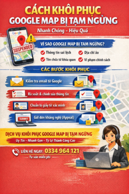Để khôi phục Google Maps (Trang doanh nghiệp) bị tạm ngưng, hãy rà soát kỹ nguyên nhân vi phạm, chỉnh sửa thông tin cho nhất quán (NAP), chuẩn bị tài liệu xác minh (giấy phép, biển hiệu) và gửi đơn kháng nghị thông qua công cụ hỗ trợ của Google. Quá trình này cần sự chính xác và tuân thủ các nguyên tắc của Google để đảm bảo hồ sơ được mở lại. Các Bước Khôi Phục Google Maps Bị Tạm Ngưng Xác định nguyên nhân: Đọc email từ Google để biết lý do (thường do sai tên, địa chỉ, nhồi nhét từ khóa hoặc nghi ngờ giả mạo). Chỉnh sửa và chuẩn hóa thông tin: Đăng nhập vào Google Business Profile, sửa lại tên doanh nghiệp, địa chỉ, số điện thoại, và lĩnh vực kinh doanh sao cho đồng bộ, chính xác (khớp với giấy phép kinh doanh). Chuẩn bị tài liệu chứng minh: Chụp ảnh biển hiệu, hóa đơn điện nước/Internet, giấy phép kinh doanh có tên và địa chỉ trùng khớp với hồ sơ Google. Gửi đơn kháng nghị (Reinstatement Request): Truy cập công cụ Kháng nghị của Google. Chọn doanh nghiệp bị tạm ngưng. Điền thông tin và đính kèm bằng chứng (hình ảnh, giấy tờ). Nhấn gửi và chờ phản hồi qua email. Xử lý trùng lặp: Nếu có các bản đồ (listing) trùng lặp, hãy yêu cầu hợp nhất hoặc xóa để tránh bị coi là spam. Lưu ý Quan Trọng Không tạo Map mới: Khi Map cũ bị tạm ngưng, không nên tạo Map mới vì Google sẽ tiếp tục tạm ngưng. Thời gian xử lý: Google thường phản hồi trong vòng vài ngày đến vài tuần. Hậu quả vi phạm nhiều lần: Nếu vi phạm chính sách nhiều lần, tài khoản có thể bị khóa vĩnh viễn. Nếu đã làm theo các bước trên mà vẫn bị từ chối, có thể cân nhắc sử dụng các dịch vụ hỗ trợ khôi phục Google Map chuyên nghiệp.