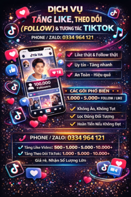 DỊCH VỤ TĂNG LIKE, THEO DÕI (FOLLOW) & TƯƠNG TÁC TIKTOK 📞 Hotline / Zalo: 0334 964 121 Bạn đang làm TikTok cá nhân, bán hàng, xây kênh thương hiệu nhưng: Video ít like, view thấp Follow chậm, kênh khó lên xu hướng Khó tạo uy tín để bán hàng, nhận quảng cáo? 👉 Dịch vụ tăng like – follow – tương tác TikTok sẽ giúp kênh của bạn phát triển nhanh, lên đề xuất tốt hơn và thu hút người xem thật. 🚀 DỊCH VỤ TĂNG TƯƠNG TÁC TIKTOK LÀ GÌ? Là dịch vụ hỗ trợ tăng các chỉ số quan trọng trên TikTok, bao gồm: 👍 Tăng like video 👥 Tăng follow kênh TikTok 💬 Tăng tương tác thật (xem, tim, quan tâm nội dung) ➡️ Giúp video dễ lên xu hướng (For You) và kênh trông uy tín – chuyên nghiệp hơn. ⭐ ƯU ĐIỂM NỔI BẬT ✅ Tương tác người dùng thật ✅ Tăng đều, tự nhiên, hạn chế rủi ro ✅ Không cần cung cấp mật khẩu TikTok ✅ Không dùng tool spam, không bot ảo ✅ Phù hợp mọi lĩnh vực: bán hàng, KOL, affiliate, cá nhân 📈 LỢI ÍCH KHI TĂNG LIKE & FOLLOW TIKTOK 🔥 Video dễ lên đề xuất, tăng view tự nhiên 🔥 Tạo độ tin cậy cao với người xem 🔥 Hỗ trợ bán hàng, livestream, tiếp thị liên kết 🔥 Xây dựng thương hiệu cá nhân nhanh chóng 🔥 Tăng khả năng nhận quảng cáo, booking 📌 CÁC GÓI DỊCH VỤ PHỔ BIẾN Tăng like video: 500 – 1.000 – 5.000 – 10.000+ Tăng follow TikTok: 1.000 – 5.000 – 10.000+ Nhận tăng theo video hoặc theo kênh Có hỗ trợ TikTok Việt Nam & quốc tế 💰 Giá rẻ – linh hoạt – nhận số lượng lớn 🛡️ CAM KẾT DỊCH VỤ ✔️ Like & follow thật – hạn chế tụt ✔️ Không vi phạm chính sách TikTok ✔️ Tăng đúng số lượng cam kết ✔️ Hỗ trợ kỹ thuật trong suốt quá trình ✔️ Hoàn tiền nếu không đạt thỏa thuận 📞 LIÊN HỆ TƯ VẤN & BÁO GIÁ Nếu bạn đang cần tăng like, follow và tương tác TikTok nhanh – an toàn – hiệu quả, hãy liên hệ ngay: 📱 Phone / Zalo: 0334 964 121 👉 Tư vấn miễn phí – hỗ trợ 24/7 – nhận làm số lượng lớn