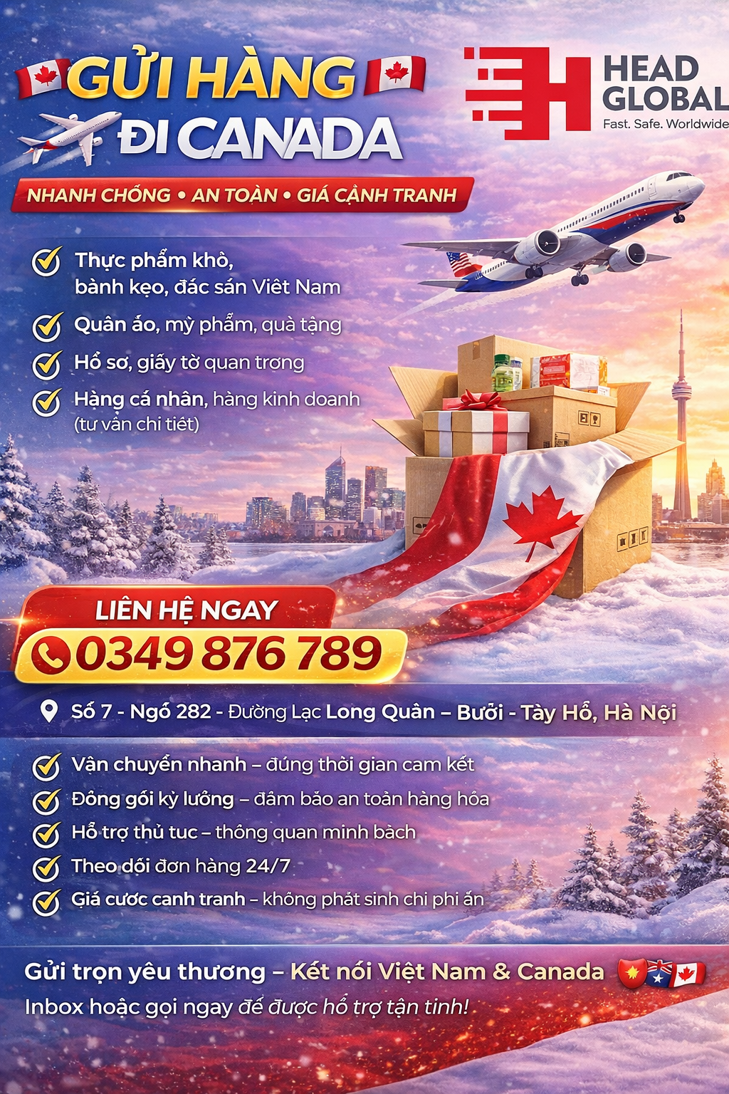 🇨🇦✈️ SHIP TO CANADA – FAST – SAFE – BEST RATES ✈️🇨🇦 Are you looking to send packages to Canada for your family, international students, or business partners? 👉 We provide reliable shipping to Canada with full support from A to Z 🚀 📦 We accept a wide range of items: ✔️ Dried food, snacks, and Vietnamese specialties ✔️ Clothes, cosmetics, and gifts ✔️ Important documents and papers ✔️ Personal and commercial goods (detailed consultation provided) 💎 Service Advantages ✅ Fast delivery – on time as committed ✅ Careful packing – ensuring cargo safety ✅ Full support with procedures – transparent customs clearance ✅ 24/7 shipment tracking ✅ Competitive rates – no hidden fees 📞 Contact us now for consultation & quick quotation: 🔥 Hotline: 0349 876 789 🔥 📍 Drop-off Address: No. 7, Alley 282, Lac Long Quan Street, Buoi Ward, Tay Ho District, Hanoi, Vietnam ✈️ Delivering your love – Connecting Vietnam & Canada 🇻🇳🇨🇦 Inbox or call us now for dedicated support!
