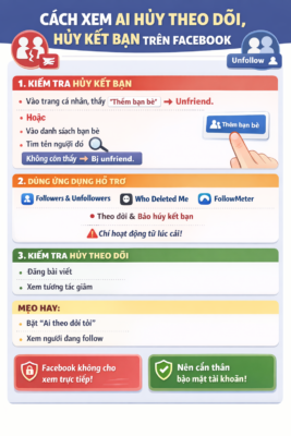 Facebook không cung cấp tính năng chính thức để xem ai đã hủy theo dõi (unfollow) bạn. Tuy nhiên, bạn có thể sử dụng các tiện ích mở rộng trên máy tính như Who Deleted Me, Unfriend Finder hoặc ứng dụng điện thoại (như Who Unfriended Me) để theo dõi sự thay đổi trong danh sách bạn bè và phát hiện người hủy kết bạn (unfriend). Các cách kiểm tra (chủ yếu là hủy kết bạn - unfriend): Sử dụng tiện ích trình duyệt (máy tính): Cài đặt tiện ích Who Deleted Me trên Chrome/Cốc Cốc, sau đó nhấn "Check Again" để quét danh sách bạn bè. Sử dụng ứng dụng điện thoại (Android/iOS): Tải ứng dụng Who Unfriended Me và đăng nhập để kiểm tra danh sách bạn bè bị mất, theo thông tin từ Báo Mới. Kiểm tra thủ công: Vào trang cá nhân của người bạn nghi ngờ, nếu không thấy nút "Bạn bè" mà chỉ có nút "Kết bạn", họ đã hủy kết bạn hoặc chặn bạn. Điện Thoại Vui Điện Thoại Vui +3 Lưu ý: Các công cụ này chỉ có tác dụng ghi nhận sự thay đổi kể từ khi bạn bắt đầu sử dụng, không xem được quá khứ. Việc sử dụng bên thứ ba có thể ảnh hưởng đến bảo mật thông tin cá nhân.