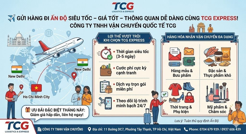 ✈️ GỬI HÀNG ĐI ẤN ĐỘ SIÊU TỐC – GIÁ TỐT – THÔNG QUAN DỄ DÀNG CÙNG TCG EXPRESS! Bạn đang tìm kiếm một dịch vụ chuyển phát nhanh uy tín để gửi chứng từ hỏa tốc, hàng mẫu thương mại cho đối tác tại Ấn Độ? Hay bạn cần gửi quà tặng, đặc sản quê hương cho người thân, bạn bè đang sinh sống và làm việc tại các thành phố lớn như New Delhi, Mumbai, Bangalore, Chennai...? Ấn Độ là một thị trường lớn với những quy định nghiêm ngặt về thủ tục nhập khẩu, nhưng đừng lo lắng! Công ty TNHH Vận chuyển Quốc tế TCG sẽ mang đến cho bạn giải pháp vận chuyển trọn gói An toàn – Tối ưu – Nhanh gọn nhất. ✨ NHỮNG LỢI THẾ VƯỢT TRỘI KHI CHỌN TCG EXPRESS: Thời gian siêu tốc: Lịch trình bay tối ưu giúp bưu kiện của bạn đến nơi nhanh chóng chỉ từ 3 - 5 ngày làm việc (Door-to-Door). Cước phí cực kỳ cạnh tranh: Bảng giá ưu đãi đặc biệt cho tuyến Ấn Độ, chiết khấu sâu cho các lô hàng nặng, hàng cồng kềnh hoặc khách hàng gửi số lượng lớn, đều đặn. Dịch vụ hỗ trợ trọn gói miễn phí: Hỗ trợ đóng gói thùng carton đạt chuẩn và hút chân không thực phẩm hoàn toàn MIỄN PHÍ. Đội ngũ chuyên nghiệp am hiểu thị trường, hỗ trợ chuẩn hóa chứng từ, khai báo hải quan để hàng hóa thông quan mượt mà. Theo dõi lộ trình minh bạch: Cung cấp mã tracking trực tuyến cập nhật liên tục 24/7 giúp bạn dễ dàng theo dõi và quản lý bưu kiện của mình từ lúc gửi đến khi giao tận tay. 📦 TCG NHẬN VẬN CHUYỂN ĐA DẠNG CÁC MẶT HÀNG ĐI ẤN ĐỘ: Hàng mẫu & Bưu phẩm hỏa tốc: Hồ sơ, chứng từ, tài liệu quan trọng, hàng mẫu thử nghiệm của doanh nghiệp, linh kiện điện tử... Đặc sản & Thực phẩm khô: Cà phê, trà, bánh tráng, các loại hạt khô (hạt điều, hướng dương...), gia vị Việt Nam... (Lưu ý: Hàng thực phẩm cần tuân thủ đúng quy định kiểm dịch). Thời trang & Phụ kiện: Quần áo, giày dép, túi xách, ví da, đồ dùng cá nhân, quà lưu niệm... Mỹ phẩm & Chăm sóc sắc đẹp: Kem dưỡng da, son môi, mặt nạ dưỡng chất, dụng cụ làm nail, mi giả, tóc giả... 🎁 ƯU ĐÃI ĐẶC BIỆT THÁNG NÀY: Nhận ngay ưu đãi giảm giá hấp dẫn và hỗ trợ đóng gói miễn phí khi liên hệ với TCG ngày hôm nay! 👉 Inbox ngay cho Fanpage hoặc gọi trực tiếp Hotline/Zalo để đội ngũ TCG tư vấn và đến lấy hàng tận nơi cho bạn! 🏢 CÔNG TY TNHH VẬN CHUYỂN QUỐC TẾ TCG 📍 Địa chỉ: 11 Đường DC7, Phường Tây Thạnh, TP. Hồ Chí Minh, Việt Nam 📞 Hotline/Zalo: 0704 679 939 / 0937 606 439 #TCGExpress #Vanchuyenquocte #GuihangdiAnDo #ShiphangdiIndia #Guihanggiare #ChuyenphatnhanhAnDo #Guihanghcm #GuihangdiIndia