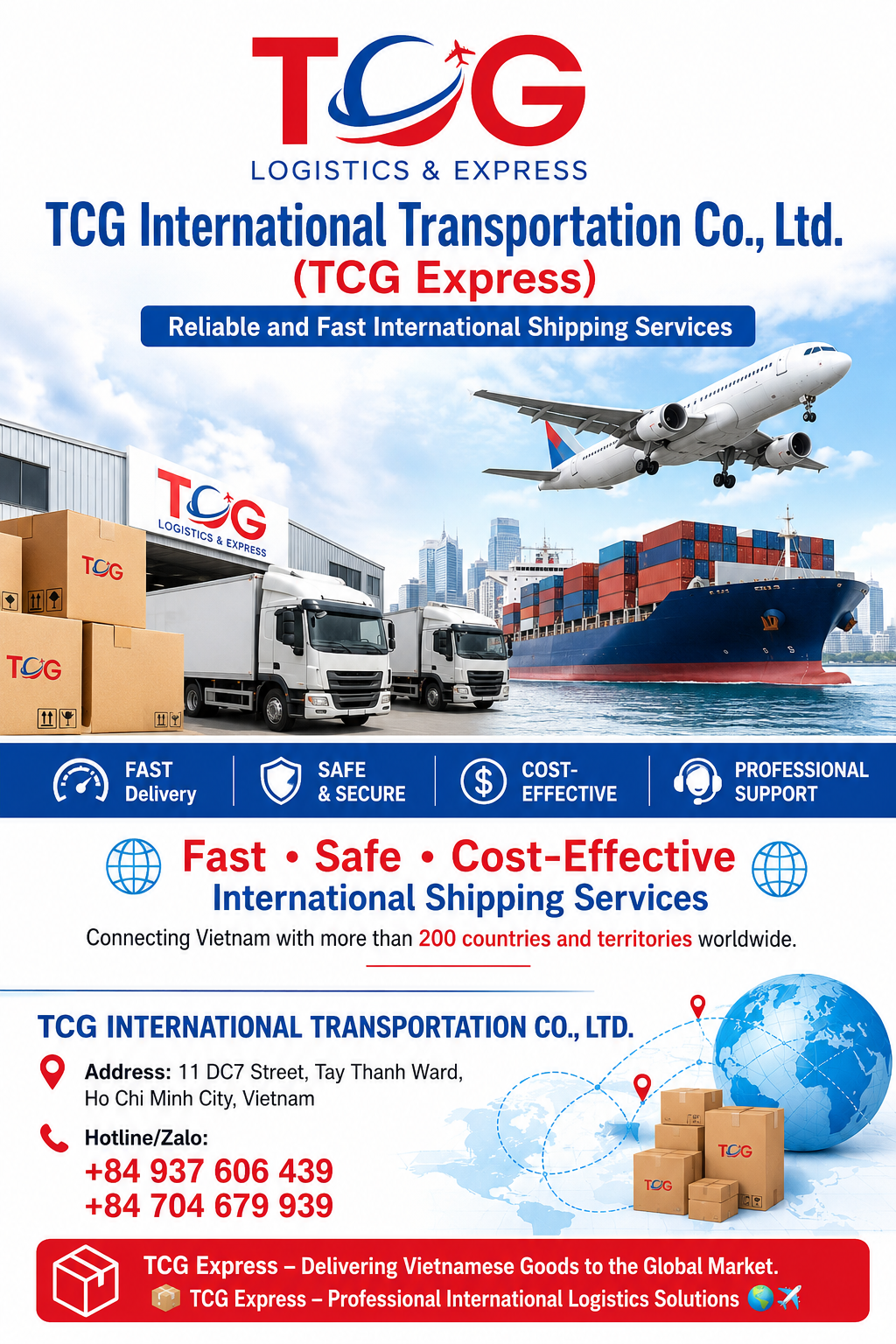 TCG International Transportation Co., Ltd. (TCG Express) – Reliable and Fast International Shipping Services About TCG Express As global integration continues to grow, the demand for shipping goods, gifts, documents, and commercial products overseas is increasing rapidly. Understanding this need, TCG International Transportation Co., Ltd. (TCG Express) provides professional international logistics solutions, helping customers ship parcels and cargo to destinations worldwide through a simple, secure, and cost-effective process. TCG Express specializes in international transportation and overseas shipping services, serving individuals, businesses, online sellers, and import-export companies. International Shipping Services at TCG Express TCG Express offers a wide range of transportation solutions tailored to different customer needs. 1. Overseas Shipping Services We support shipments from Vietnam to many countries and regions, including: United States Canada Australia Europe Japan South Korea Singapore Other countries worldwide Common types of shipments include: Personal belongings Gifts for family and friends Documents and paperwork Product samples Commercial goods Vietnamese specialty products 2. International Cargo Transportation for Businesses TCG Express assists businesses in bringing Vietnamese products to international markets through: Transportation consulting services Logistics cost optimization Shipping documentation support Shipment tracking and monitoring 3. International Express Delivery Services With an extensive international shipping network, TCG Express is committed to: Fast delivery times Transparent procedures Reduced transportation risks Continuous customer support throughout the shipping process Why Choose TCG Express? ✅ Experience in International Logistics TCG Express understands the critical requirements of international shipping, from packaging and customs declarations to selecting the most suitable transportation methods. ✅ Competitive Pricing We optimize transportation solutions to help customers reduce costs while maintaining high service quality. ✅ Dedicated Customer Support Our experienced team provides professional advice to help customers choose the most appropriate shipping method based on the type of goods and destination country. ✅ Safe and Transparent Services Every shipment is monitored throughout the transportation process, giving customers peace of mind when sending goods overseas. International Shipping Process at TCG Express Step 1: Consultation Customers provide shipment details, destination country, and transportation requirements. Step 2: Quotation and Shipping Solution TCG Express recommends the most suitable shipping option based on delivery time and budget. Step 3: Packaging and Documentation Goods are inspected and packed according to international shipping standards. Step 4: Transportation and Tracking Customers receive support in tracking their shipments until successful delivery. TCG Express – Connecting Vietnam to the World With the motto "Fast – Safe – Cost-Effective – Professional", TCG International Transportation Co., Ltd. (TCG Express) continuously strives to provide efficient international logistics solutions, making overseas shipping convenient and reliable for customers. If you are looking for a trustworthy international shipping service, contact TCG Express today for the most suitable transportation solution. TCG Express – Delivering Vietnamese Goods to the Global Market. 📦 TCG Express – Professional International Logistics Solutions 🌎✈️ Fast • Safe • Cost-Effective International Shipping Services Connecting Vietnam with more than 200 countries and territories worldwide. TCG INTERNATIONAL TRANSPORTATION CO., LTD. 📍 Address: 11 DC7 Street, Tay Thanh Ward, Ho Chi Minh City, Vietnam 📞 Hotline/Zalo: +84 937 606 439 +84 704 679 939 #TCGExpress #InternationalShipping #GlobalLogistics #WorldwideDelivery #ShippingFromVietnam #InternationalCourier #ExpressDelivery #DoorToDoorShipping #VietnamLogistics #InternationalTransport #CargoShipping #FreightForwarding #ShipToUSA #ShipToCanada #ShipToAustralia #ShipToEurope #ShipToJapan #ShipToKorea #GlobalTrade #VietnamExports.