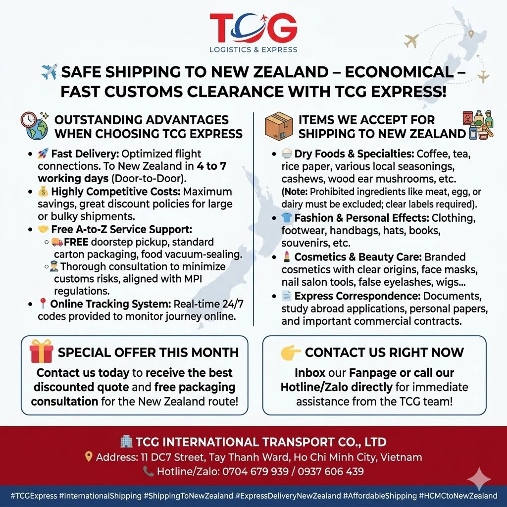 ✈️ SAFE SHIPPING TO NEW ZEALAND – ECONOMICAL – FAST CUSTOMS CLEARANCE WITH TCG EXPRESS! Are you looking for a reputable express delivery service to send hometown gifts, dry foods, or personal effects to your relatives and international students living and studying in New Zealand? Do you need to send corporate samples or urgent documents to business partners in Auckland, Wellington, Christchurch, and beyond? Let TCG International Transport Co., Ltd. be your companion! With our professional transport network, we are committed to providing optimized shipping solutions that smoothly navigate New Zealand's strict quarantine standards. ✨ OUTSTANDING ADVANTAGES WHEN CHOOSING TCG EXPRESS: Fast Delivery: Utilizing optimized flight connections, your cargo will reach the recipient's doorstep in New Zealand in just 4 to 7 working days (Door-to-Door). Highly Competitive Costs: Transparent pricing that ensures maximum savings for customers, featuring significant discount policies for bulky or high-volume shipments. Free A-to-Z Service Support: FREE doorstep pickup, standard cardboard box packaging, and food vacuum-sealing. Thorough consultation on accepted item lists in compliance with the strict regulations of the New Zealand Ministry for Primary Industries (MPI) to minimize the risk of customs holds. Online Tracking System: Real-time 24/7 tracking codes provided, allowing customers to actively monitor their shipment's journey online. 📦 ITEMS WE ACCEPT FOR SHIPPING TO NEW ZEALAND: Dry Foods & Specialties: Coffee, tea, rice paper, various local seasonings, cashews, wood ear mushrooms, etc. (Note: Food items must have clear labels and must not contain prohibited ingredients such as meat, egg, or dairy). Fashion & Personal Effects: Clothing, footwear, handbags, hats, books, souvenirs, etc. Cosmetics & Beauty Care: Branded cosmetics with clear origins, face masks, nail salon tools, false eyelashes, wigs... Express Correspondence: Documents, study abroad applications, personal papers, and important commercial contracts. 🎁 SPECIAL OFFER THIS MONTH: Contact us today to receive the best discounted quote and free packaging consultation for the New Zealand route! 👉 Inbox our Fanpage or call our Hotline/Zalo directly right now for immediate assistance from the TCG team! 🏢 TCG INTERNATIONAL TRANSPORT CO., LTD 📍 Address: 11 DC7 Street, Tay Thanh Ward, Ho Chi Minh City, Vietnam 📞 Hotline/Zalo: 0704 679 939 / 0937 606 439 #TCGExpress #InternationalShipping #ShippingToNewZealand #ExpressDeliveryNewZealand #AffordableShipping #HCMCtoNewZealand