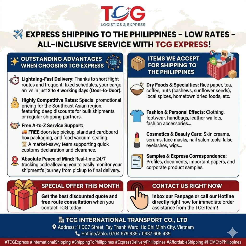 ✈️ EXPRESS SHIPPING TO THE PHILIPPINES – LOW RATES – ALL-INCLUSIVE SERVICE WITH TCG EXPRESS! Do you need to send urgent parcels, documents, or goods to your relatives or business partners in the Philippines? Are you a business owner or online shop keeper looking for a reputable logistics solution with optimized costs to smoothly export goods to Manila, Cebu, Davao, and beyond? Let TCG International Transport Co., Ltd. be your companion! We are proud to provide a leading Professional – Safe – Economical express delivery service to the Philippines. ✨ OUTSTANDING ADVANTAGES WHEN CHOOSING TCG EXPRESS: Lightning-Fast Delivery: Thanks to short flight routes and frequent, fixed schedules, your cargo will arrive in just 2 to 4 working days (Door-to-Door). Highly Competitive Rates: Special promotional pricing for the Southeast Asian region, featuring deep discounts for bulk shipments or regular shipping partners. Free A-to-Z Service Support: FREE doorstep pickup, standard cardboard box packaging, and food vacuum-sealing. A market-savvy team supporting quick customs declaration and clearance. Absolute Peace of Mind: Real-time 24/7 tracking codes provided, allowing you to easily monitor your shipment's journey from pickup to final delivery. 📦 ITEMS WE ACCEPT FOR SHIPPING TO THE PHILIPPINES: Dry Foods & Specialties: Rice paper, tea, coffee, nuts (cashews, sunflower seeds), local spices, hometown dried foods, etc. Fashion & Personal Effects: Clothing, footwear, handbags, leather wallets, fashion accessories... Cosmetics & Beauty Care: Skin creams, serums, face masks, nail salon tools, false eyelashes, wigs... Samples & Express Correspondence: Profiles, documents, important papers, and corporate product samples. 🎁 SPECIAL OFFER THIS MONTH: Get the best discounted quote and free route consultation when you contact TCG today! 👉 Inbox our Fanpage or call our Hotline directly right now for immediate order assistance from the TCG team! 🏢 TCG INTERNATIONAL TRANSPORT CO., LTD 📍 Address: 11 DC7 Street, Tay Thanh Ward, Ho Chi Minh City, Vietnam 📞 Hotline/Zalo: 0704 679 939 / 0937 606 439 #TCGExpress #InternationalShipping #ShippingToPhilippines #ExpressDeliveryPhilippines #AffordableShipping #HCMCtoPhilippines