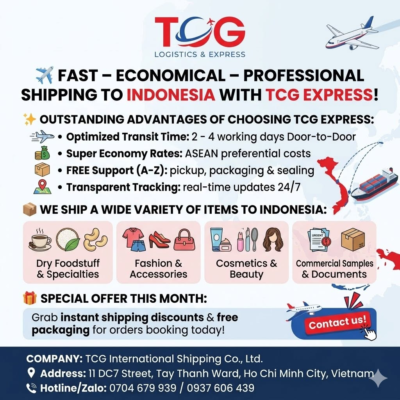 ✈️ FAST – ECONOMICAL – PROFESSIONAL SHIPPING TO INDONESIA WITH TCG EXPRESS! Do you need to send express parcels, documents, or cargo to your partners or relatives living in Indonesia? Are you a business or an online shop owner looking to tap into the market of the archipelago nation (Jakarta, Bali, Surabaya...) but concerned about shipping costs and procedures? Let TCG International Shipping Co., Ltd. be your trusted partner! We are proud to deliver high-quality express delivery services to Indonesia, ensuring your goods are transported in the most Safe, Optimized, and Hassle-free manner. ✨ OUTSTANDING ADVANTAGES OF CHOOSING TCG EXPRESS: Optimized Transit Time: Thanks to direct flight routes and continuous connections, your parcel will arrive in Indonesia within just 2 to 4 working days via full Door-to-Door delivery. Super Economy Rates: Highly preferential costs tailored for the ASEAN region, accompanied by attractive discount programs for businesses and shop owners sending heavy shipments or recurring packages. FREE End-to-End Support (A-Z): FREE pickup, standard Express packaging, and vacuum sealing for foodstuff. Prompt and accurate support for customs declarations and paperwork handling. Transparent Tracking: A real-time tracking code updated 24/7 allows customers to easily check their shipment status anytime, anywhere. 📦 WE SHIP A WIDE VARIETY OF ITEMS TO INDONESIA: Dry Foodstuff & Vietnamese Specialties: Coffee, assorted teas, rice paper, cashews, sunflower seeds, traditional spices, and more. Fashion & Accessories: Clothes, shoes, handbags, hats, personal effects, etc. Cosmetics & Beauty Care: Skincare creams, serums, facial masks, nail salon tools, wigs, etc. Commercial Samples & Express Documents: Urgent credentials, documents, important records, and various types of trade samples. 🎁 SPECIAL OFFER THIS MONTH: Grab instant shipping discounts and free packaging support for all orders booking today! 👉 Don't hesitate! Send a direct message to our Fanpage or call our Hotline now for the TCG team to provide the most detailed consultation! 🏢 TCG INTERNATIONAL SHIPPING CO., LTD 📍 Address: 11 DC7 Street, Tay Thanh Ward, Ho Chi Minh City, Vietnam 📞 Hotline/Zalo: 0704 679 939 / 0937 606 439 #TCGExpress #InternationalShipping #ShippingToIndonesia #ShipToIndonesia #AffordableShipping #ExpressDeliveryIndonesia #ShippingHCMC #ShipToIndo