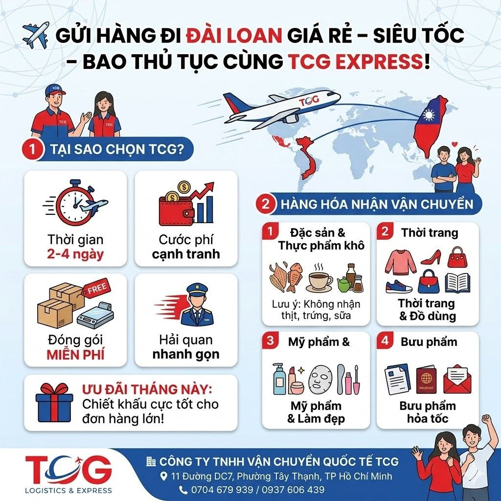 ✈️ GỬI HÀNG ĐI ĐÀI LOAN GIÁ RẺ – SIÊU TỐC – BAO THỦ TỤC CÙNG TCG EXPRESS! Bạn muốn gửi những món ăn hương vị quê nhà, quần áo thời trang hay bưu phẩm hỏa tốc cho người thân, bạn bè đang sinh sống, học tập tại Đài Loan? Hay bạn là chủ shop muốn tìm một đơn vị vận chuyển uy tín để gửi hàng kinh doanh sang Đài Bắc, Đài Trung, Cao Hùng... với chi phí tối ưu nhất? Đừng lo lắng! Công ty TNHH Vận chuyển Quốc tế TCG tự hào mang đến cho bạn giải pháp chuyển phát nhanh đi Đài Loan trọn gói, chuyên nghiệp và cực kỳ tiết kiệm. ✨ NHỮNG LỢI THẾ VƯỢT TRỘI KHI CHỌN TCG EXPRESS: Thời gian siêu tốc: Chặng bay cực ngắn, hàng hóa được kết nối liên tục giúp bưu kiện đến tay người nhận chỉ từ 2 - 4 ngày làm việc (Door-to-Door). Cước phí cạnh tranh: Giá rẻ như đi chợ, có nhiều chương trình chiết khấu cực tốt cho các kiện hàng gom số lượng lớn hoặc gửi thường xuyên. Hỗ trợ trọn gói từ A-Z: Nhận hàng và hỗ trợ đóng gói, dán nhãn mác, hút chân không thực phẩm hoàn toàn MIỄN PHÍ. Tư vấn kỹ lưỡng các quy định kiểm dịch nghiêm ngặt của Đài Loan nhằm đảm bảo hàng thông quan mượt mà. Theo dõi đơn hàng dễ dàng: Hệ thống mã tracking cập nhật liên tục 24/7 giúp khách hàng hoàn toàn an tâm theo dõi lộ trình đơn hàng. 📦 TCG NHẬN VẬN CHUYỂN ĐA DẠNG CÁC MẶT HÀNG ĐI ĐÀI LOAN: Đặc sản & Thực phẩm khô: Bánh tráng, cà phê, trà, mộc nhĩ, các loại mứt, gia vị quê nhà... (Lưu ý không nhận các loại thịt heo, thịt bò, trứng, sữa theo quy định kiểm dịch của Đài Loan). Thời trang & Đồ dùng cá nhân: Quần áo, giày dép, túi xách, sách vở, quà lưu niệm... Mỹ phẩm & Dụng cụ làm đẹp: Kem dưỡng da, mặt nạ, dụng cụ làm nail, tóc giả, mi giả... Bưu phẩm hỏa tốc: Hồ sơ du học, giấy tờ cá nhân, thư từ, chứng từ quan trọng. 🎁 ƯU ĐÃI ĐẶC BIỆT THÁNG NÀY: Liên hệ ngay hôm nay để nhận báo giá ưu đãi tốt nhất cho chuyến hàng đi Đài Loan của bạn! 👉 Inbox ngay cho Fanpage hoặc gọi vào Hotline để được đội ngũ TCG tư vấn và đến lấy hàng nhanh chóng. 🏢 CÔNG TY TNHH VẬN CHUYỂN QUỐC TẾ TCG 📍 Địa chỉ: 11 Đường DC7, Phường Tây Thạnh, TP. Hồ Chí Minh, Việt Nam 📞 Hotline/Zalo: 0704 679 939 / 0937 606 439 #TCGExpress #Vanchuyenquocte #GuihangdiDaiLoan #ShiphangdiTaiwan #Guihanggiare #ChuyenphatnhanhDaiLoan #Guihanghcm #GuihangdiDai