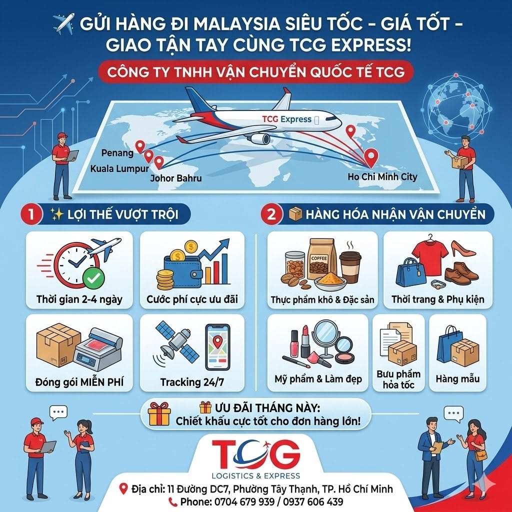 ✈️ GỬI HÀNG ĐI MALAYSIA SIÊU TỐC – GIÁ TỐT – GIAO TẬN TAY CÙNG TCG EXPRESS! Bạn đang tìm kiếm một dịch vụ vận chuyển uy tín để gửi quà tặng, nhu yếu phẩm, đặc sản quê nhà cho người thân, bạn bè đang sinh sống tại Malaysia? Hay bạn là chủ doanh nghiệp, chủ shop online muốn mở rộng thị trường kinh doanh sang Kuala Lumpur, Penang, Johor Bahru... với chi phí tiết kiệm nhất? Đừng tìm đâu xa! Công ty TNHH Vận chuyển Quốc tế TCG chính là giải pháp hoàn hảo dành cho bạn. Chúng tôi cam kết mang đến dịch vụ chuyển phát nhanh đi Malaysia AN TOÀN – CHUYÊN NGHIỆP – TIẾT KIỆM tối đa. ✨ NHỮNG LỢI THẾ VƯỢT TRỘI KHI CHỌN TCG EXPRESS: Thời gian siêu tốc: Nhờ chặng bay ngắn và lịch bay dày đặc, bưu kiện của bạn sẽ đến nơi chỉ từ 2 - 4 ngày làm việc (Door-to-Door). Cước phí cực ưu đãi: Giá cước siêu rẻ cho khu vực Đông Nam Á, có chính sách giá chiết khấu đặc biệt cho đơn hàng nặng hoặc các đối tác gửi hàng số lượng lớn, đều đặn. Dịch vụ hỗ trợ trọn gói miễn phí: Hỗ trợ nhận hàng và đóng gói thùng carton, hút chân không thực phẩm hoàn toàn MIỄN PHÍ. Đội ngũ chuyên nghiệp hỗ trợ chuẩn hóa chứng từ, khai báo hải quan nhanh gọn. An tâm tuyệt đối: Mã tracking theo dõi lộ trình đơn hàng trực tuyến được cập nhật liên tục 24/7 giúp bạn dễ dàng quản lý bưu kiện của mình. 📦 TCG NHẬN VẬN CHUYỂN ĐA DẠNG CÁC MẶT HÀNG ĐI MALAYSIA: Đặc sản & Thực phẩm khô: Bánh tráng, trà, cà phê, các loại hạt, gia vị quê hương, hải sản khô (mực khô, cá khô)... Thời trang & Phụ kiện: Quần áo, giày dép, túi xách, ví da, đồ dùng cá nhân... Mỹ phẩm & Dụng cụ làm đẹp: Kem dưỡng da, son môi, mặt nạ dưỡng chất, mi giả, dụng cụ làm nail... Hàng mẫu & Bưu phẩm hỏa tốc: Hồ sơ, chứng từ, giấy tờ quan trọng, hàng mẫu doanh nghiệp. 🎁 ƯU ĐÃI ĐẶC BIỆT THÁNG NÀY: Inbox hoặc gọi điện ngay hôm nay để nhận bảng giá chiết khấu hấp dẫn nhất cho tuyến Malaysia! 👉 Đội ngũ TCG đã sẵn sàng tư vấn chi tiết và đến lấy hàng tận nơi cho bạn! 🏢 CÔNG TY TNHH VẬN CHUYỂN QUỐC TẾ TCG 📍 Địa chỉ: 11 Đường DC7, Phường Tây Thạnh, TP. Hồ Chí Minh, Việt Nam 📞 Hotline/Zalo: 0704 679 939 / 0937 606 439 #TCGExpress #Vanchuyenquocte #GuihangdiMalaysia #ShiphangdiMalaysia #Guihanggiare #ChuyenphatnhanhMalaysia #Guihanghcm #GuihangdiMa