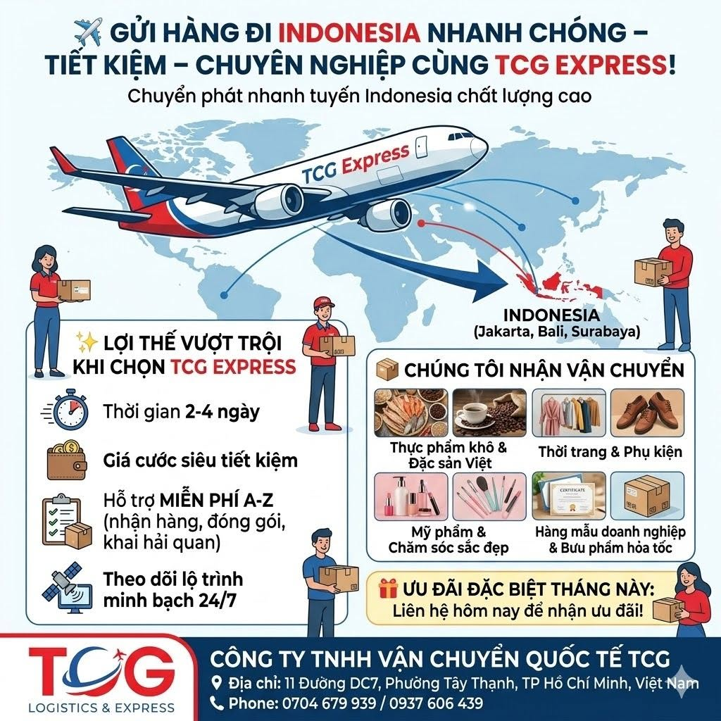 ✈️ GỬI HÀNG ĐI INDONESIA NHANH CHÓNG – TIẾT KIỆM – CHUYÊN NGHIỆP CÙNG TCG EXPRESS! Bạn cần gửi bưu phẩm, tài liệu hỏa tốc hay những kiện hàng hóa cho đối tác, người thân đang sinh sống tại Indonesia? Bạn là doanh nghiệp, chủ shop online muốn tiếp cận thị trường vạn đảo (Jakarta, Bali, Surabaya...) nhưng lo ngại về chi phí và thủ tục vận chuyển? Hãy để Công ty TNHH Vận chuyển Quốc tế TCG đồng hành cùng bạn! Chúng tôi tự hào đem đến dịch vụ chuyển phát nhanh tuyến Indonesia chất lượng cao, giúp hàng hóa lưu thông An toàn – Tối ưu – Nhanh gọn nhất. ✨ NHỮNG LỢI THẾ VƯỢT TRỘI KHI CHỌN TCG EXPRESS: Thời gian toàn trình tối ưu: Nhờ đường bay thẳng và kết nối liên tục, bưu kiện của bạn sẽ có mặt tại Indonesia chỉ từ 2 - 4 ngày làm việc (Door-to-Door). Giá cước siêu tiết kiệm: Chi phí cực kỳ ưu đãi cho khu vực ASEAN, đi kèm các chương trình chiết khấu hấp dẫn cho các doanh nghiệp, chủ shop gửi hàng nặng hoặc gửi đều đặn. Dịch vụ hỗ trợ miễn phí từ A-Z: Hỗ trợ nhận hàng và đóng gói chuẩn Express, hút chân không thực phẩm hoàn toàn MIỄN PHÍ. Hỗ trợ khai báo hải quan, xử lý giấy tờ nhanh gọn, chính xác. Theo dõi lộ trình minh bạch: Cung cấp mã tracking cập nhật 24/7 giúp khách hàng dễ dàng kiểm tra vị trí đơn hàng mọi lúc mọi nơi. 📦 TCG NHẬN VẬN CHUYỂN ĐA DẠNG CÁC MẶT HÀNG ĐI INDONESIA: Thực phẩm khô & Đặc sản Việt: Cà phê, các loại trà, bánh tráng, hạt điều, hạt hướng dương, gia vị quê nhà... Thời trang & Phụ kiện: Quần áo, giày dép, túi xách, mũ nón, đồ dùng cá nhân... Mỹ phẩm & Chăm sóc sắc đẹp: Kem dưỡng da, serum, mặt nạ dưỡng da, dụng cụ làm nail, tóc giả... Hàng mẫu doanh nghiệp & Bưu phẩm hỏa tốc: Chứng từ, tài liệu, hồ sơ quan trọng, các loại hàng mẫu thương mại. 🎁 ƯU ĐÃI ĐẶC BIỆT THÁNG NÀY: Nhận ngay ưu đãi giá cước và hỗ trợ đóng gói miễn phí cho các đơn hàng liên hệ hôm nay! 👉 Đừng chần chừ, hãy Inbox ngay cho Fanpage hoặc gọi điện tới Hotline để đội ngũ TCG tư vấn chi tiết nhất! 🏢 CÔNG TY TNHH VẬN CHUYỂN QUỐC TẾ TCG 📍 Địa chỉ: 11 Đường DC7, Phường Tây Thạnh, TP. Hồ Chí Minh, Việt Nam 📞 Hotline/Zalo: 0704 679 939 / 0937 606 439 #TCGExpress #Vanchuyenquocte #GuihangdiIndonesia #ShiphangdiIndonesia #Guihanggiare #ChuyenphatnhanhIndonesia #Guihanghcm #GuihangdiIndo
