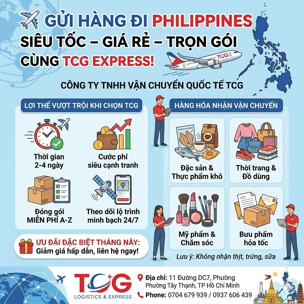 ✈️ GỬI HÀNG ĐI PHILIPPINES SIÊU TỐC – GIÁ RẺ – TRỌN GÓI CÙNG TCG EXPRESS! Bạn cần gửi bưu phẩm, tài liệu gấp hay vận chuyển hàng hóa cho người thân, đối tác tại Philippines? Bạn là chủ doanh nghiệp, chủ shop online đang muốn tìm kiếm giải pháp logistics uy tín, cước phí tối ưu để xuất khẩu hàng hóa sang Manila, Cebu, Davao... thuận lợi? Hãy để Công ty TNHH Vận chuyển Quốc tế TCG đồng hành cùng bạn! Chúng tôi tự hào mang đến dịch vụ chuyển phát nhanh đi Philippines Chuyên nghiệp – An toàn – Tiết kiệm hàng đầu thị trường. ✨ NHỮNG LỢI THẾ VƯỢT TRỘI KHI CHỌN TCG EXPRESS: Thời gian toàn trình cực nhanh: Chặng bay ngắn, lịch bay cố định liên tục giúp hàng hóa đến nơi chỉ từ 2 - 4 ngày làm việc (Door-to-Door). Cước phí siêu cạnh tranh: Mức giá ưu đãi đặc biệt cho khu vực Đông Nam Á, chiết khấu cực sâu cho các kiện hàng lớn hoặc các đối tác gửi hàng định kỳ. Dịch vụ hỗ trợ miễn phí từ A-Z: Hỗ trợ nhận hàng tận nơi và đóng gói thùng carton chuẩn hãng, hút chân không thực phẩm hoàn toàn MIỄN PHÍ. Đội ngũ am hiểu thị trường, hỗ trợ làm thủ tục khai báo hải quan nhanh chóng. An tâm tuyệt đối: Cung cấp mã tracking trực tuyến cập nhật 24/7 giúp bạn dễ dàng theo dõi lộ trình bưu kiện của mình từ lúc gửi đến khi giao tận tay người nhận. 📦 TCG NHẬN VẬN CHUYỂN ĐA DẠNG CÁC MẶT HÀNG ĐI PHILIPPINES: Đặc sản & Thực phẩm khô: Bánh tráng, trà, cà phê, các loại hạt (hạt điều, hướng dương...), gia vị, đồ khô quê nhà... Thời trang & Đồ dùng cá nhân: Quần áo, giày dép, túi xách, ví da, phụ kiện thời trang... Mỹ phẩm & Chăm sóc sắc đẹp: Kem dưỡng da, serum, mặt nạ, dụng cụ làm nail, mi giả, tóc giả... Hàng mẫu & Bưu phẩm hỏa tốc: Hồ sơ, tài liệu, chứng từ quan trọng, hàng mẫu thử nghiệm của doanh nghiệp. 🎁 ƯU ĐÃI ĐẶC BIỆT THÁNG NÀY: Nhận ngay báo giá ưu đãi tốt nhất và hỗ trợ tư vấn lộ trình miễn phí khi liên hệ với TCG ngay hôm nay! 👉 Inbox ngay cho Fanpage hoặc gọi trực tiếp Hotline để đội ngũ TCG hỗ trợ bạn nhận đơn nhanh chóng! 🏢 CÔNG TY TNHH VẬN CHUYỂN QUỐC TẾ TCG 📍 Địa chỉ: 11 Đường DC7, Phường Tây Thạnh, TP. Hồ Chí Minh, Việt Nam 📞 Hotline/Zalo: 0704 679 939 / 0937 606 439 #TCGExpress #Vanchuyenquocte #GuihangdiPhilippines #ShiphangdiPhilippines #Guihanggiare #ChuyenphatnhanhPhilippines #Guihanghcm #GuihangdiPhil