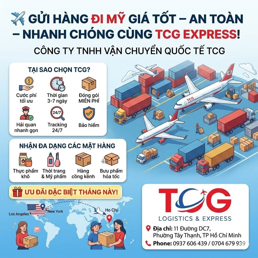 ✈️ GỬI HÀNG ĐI MỸ GIÁ TỐT – AN TOÀN – NHANH CHÓNG CÙNG TCG EXPRESS! Bạn đang tìm kiếm một giải pháp vận chuyển uy tín để gửi quà tặng cho người thân, hay bạn là doanh nghiệp/chủ shop cần xuất khẩu hàng hóa sang Mỹ ổn định, tiết kiệm? Hãy để Công ty TNHH Vận chuyển Quốc tế TCG đồng hành cùng bạn! Với quy trình chuyên nghiệp và mạng lưới kết nối toàn cầu, chúng tôi cam kết mang đến dịch vụ gửi hàng đi Mỹ hoàn hảo nhất. ✨ TẠI SAO BẠN NÊN CHỌN DỊCH VỤ CỦA TCG? Cước phí tối ưu: Bảng giá cạnh tranh, nhiều chương trình ưu đãi lớn cho các kiện hàng nặng hoặc khách hàng gửi thường xuyên. Thời gian nhanh chóng: Chỉ từ 3 - 7 ngày làm việc, hàng hóa của bạn sẽ được giao tận tay người nhận tại Mỹ. Hỗ trợ trọn gói từ A-Z: Hỗ trợ đóng gói hàng hóa đúng chuẩn quy định hàng không hoàn toàn MIỄN PHÍ. Tư vấn và xử lý nhanh gọn các thủ tục hải quan, chứng nhận FDA, MSDS... An tâm tuyệt đối: Cung cấp mã tracking theo dõi lộ trình đơn hàng 24/7. Cam kết bảo hiểm và bồi thường hàng hóa rõ ràng, minh bạch. 📦 TCG NHẬN VẬN CHUYỂN ĐA DẠNG CÁC MẶT HÀNG: Thực phẩm: Khô hải sản, bánh tráng, cà phê, trà, các loại gia vị... Thời trang & Mỹ phẩm: Quần áo, giày dép, túi xách, kem dưỡng da, dụng cụ làm nail... Hàng cồng kềnh, giá trị cao: Đồ thủ công mỹ nghệ, tranh ảnh, nệm, đồ nội thất gỗ... Bưu phẩm: Giấy tờ, hồ sơ, chứng từ quan trọng hỏa tốc. 🎁 ƯU ĐÃI ĐẶC BIỆT: Liên hệ ngay hôm nay để nhận báo giá ưu đãi tốt nhất cho chuyến hàng của bạn! 👉 Inbox trực tiếp cho Fanpage hoặc gọi ngay vào Hotline để được đội ngũ TCG tư vấn chi tiết và hỗ trợ lấy hàng nhanh chóng. 🏢 CÔNG TY TNHH VẬN CHUYỂN QUỐC TẾ TCG 📍 Địa chỉ: 11 Đường DC7, Phường Tây Thạnh, TP. Hồ Chí Minh, Việt Nam 📞 Hotline/Zalo: 0937 606 439 / 0704 679 939 #TCGExpress #Vanchuyenquocte #GuihangdiMy #Guihanggiare #ShiphangdiMy #GuihangTPHCM