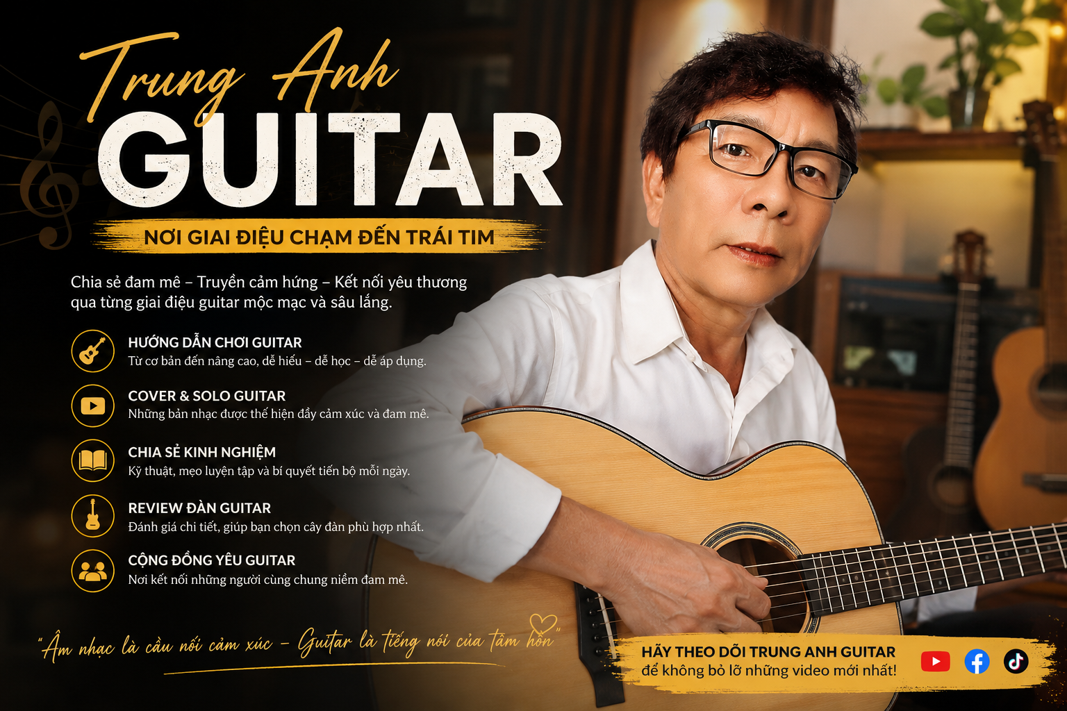 Câu Chuyện Phía Sau Những Phím Đàn Mỗi cây đàn Guitar không chỉ là một khối gỗ vô hồn, mà là một tri kỷ chở che những tâm tư. Thước phim ngắn về Trung Anh Guitar sẽ đưa bạn ghé thăm không gian đầy cảm hứng – nơi những nốt nhạc mộc mạc vang lên, nơi niềm đam mê với cây đàn sáu dây được thắp sáng và lan tỏa mỗi ngày. Qua từng thước phim thước phim chân thực, bạn sẽ cảm nhận được: Sự tỉ mỉ và tâm huyết: Hành trình lựa chọn, chăm chút từng cây đàn để mang lại âm thanh hoàn hảo nhất cho người yêu nhạc. Không gian nghệ thuật: Nơi những tâm hồn đồng điệu tìm thấy nhau, cùng chia sẻ tình yêu vô tận với Guitar. Sứ mệnh kết nối: Trung Anh Guitar không chỉ bán đàn, chúng tôi trao đi người bạn đồng hành trên con đường âm nhạc của bạn. "Âm nhạc là ngôn ngữ chung của nhân loại, và Guitar chính là lời tự sự chân thành nhất." 🎥 Điểm Nhấn Không Thể Bỏ Qua Trong Video Visual mãn nhãn: Góc quay nghệ thuật, cận cảnh từng thớ gỗ, đường sơn và chuyển động điêu luyện trên phím đàn. Âm thanh sống động: Thưởng thức những giai điệu mộc mạc, sâu lắng được thể hiện trực tiếp, mang lại cảm giác thư thái tuyệt đối. Thông điệp truyền cảm hứng: Câu chuyện về sự kiên trì, theo đuổi đam mê và hành trình định hình phong cách riêng cùng Trung Anh Guitar. Dành Cho Bạn - Những Người Yêu Tiếng Đàn Mộc Dù bạn là một nghệ sĩ chuyên nghiệp đang tìm kiếm một "vũ khí" mới, hay là người mới bắt đầu tập tành những hợp âm đầu tiên, Trung Anh Guitar luôn sẵn sàng đồng hành cùng bạn. 👉 Hãy xem ngay thước phim trên để cảm nhận năng lượng âm nhạc tuyệt vời và tìm thấy nguồn cảm hứng cho riêng mình!