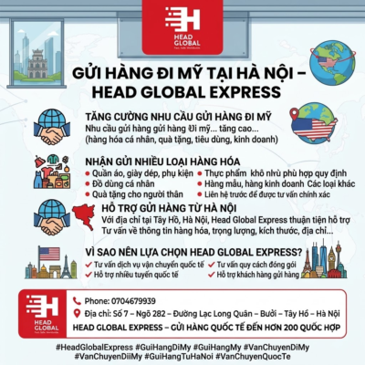 # GỬI HÀNG ĐI MỸ TẠI HÀ NỘI – HEAD GLOBAL EXPRESS Nhu cầu gửi hàng từ Việt Nam sang Mỹ ngày càng tăng, đặc biệt đối với hàng hóa cá nhân, quà tặng, hàng tiêu dùng và các mặt hàng phục vụ kinh doanh. **Head Global Express** cung cấp dịch vụ gửi hàng đi Mỹ tại Hà Nội, hỗ trợ khách hàng trong quá trình chuẩn bị và vận chuyển hàng hóa. ## Nhận gửi nhiều loại hàng hóa Head Global Express tiếp nhận tư vấn vận chuyển nhiều nhóm hàng phổ biến như: * Quần áo, giày dép, phụ kiện * Đồ dùng cá nhân * Quà tặng cho người thân * Hàng tiêu dùng * Thực phẩm khô phù hợp quy định * Hàng mẫu, hàng kinh doanh * Một số loại hàng hóa khác theo quy định Mỗi loại hàng có yêu cầu khác nhau về đóng gói và thủ tục. Vì vậy, khách hàng nên liên hệ trước để được tư vấn chính xác. ## Hỗ trợ gửi hàng từ Hà Nội sang Mỹ Với địa chỉ tại khu vực Tây Hồ, Hà Nội, Head Global Express thuận tiện hỗ trợ khách hàng có nhu cầu gửi hàng quốc tế. Trước khi gửi, khách hàng được tư vấn về thông tin hàng hóa, trọng lượng, kích thước, địa chỉ người nhận và các yêu cầu cần thiết để hạn chế phát sinh trong quá trình vận chuyển. ## Vì sao nên lựa chọn Head Global Express? ✔ Tư vấn dịch vụ vận chuyển quốc tế ✔ Hỗ trợ nhiều tuyến quốc tế ✔ Gửi hàng đi Mỹ, Úc, Canada và hơn 200 quốc gia ✔ Tư vấn quy cách đóng gói hàng hóa ✔ Hỗ trợ khách hàng trong quá trình gửi hàng Nếu bạn đang cần **gửi hàng đi Mỹ từ Hà Nội**, hãy liên hệ Head Global Express để được tư vấn phương án phù hợp. 📞 **Phone: 0704679939** 📍 **Số 7 – Ngõ 282 – Đường Lạc Long Quân – Bưởi – Tây Hồ – Hà Nội** #HeadGlobalExpress #GuiHangDiMy #GuiHangMy #VanChuyenDiMy #GuiHangTuHaNoi #VanChuyenQuocTe