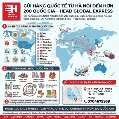 # GỬI HÀNG QUỐC TẾ TỪ HÀ NỘI ĐẾN HƠN 200 QUỐC GIA – HEAD GLOBAL EXPRESS Bạn đang ở Hà Nội và cần gửi hàng cho người thân, bạn bè hoặc đối tác ở nước ngoài? **Head Global Express** cung cấp dịch vụ gửi hàng quốc tế từ Hà Nội đến **hơn 200 quốc gia và vùng lãnh thổ**. Với quy trình tư vấn rõ ràng, khách hàng có thể dễ dàng chuẩn bị hàng hóa và lựa chọn phương án vận chuyển phù hợp với nhu cầu. ## Nhận gửi hàng đi nhiều quốc gia Head Global Express hỗ trợ tư vấn các tuyến vận chuyển phổ biến như: * 🇺🇸 Gửi hàng đi Mỹ * 🇦🇺 Gửi hàng đi Úc * 🇨🇦 Gửi hàng đi Canada * 🇯🇵 Gửi hàng đi Nhật Bản * 🇰🇷 Gửi hàng đi Hàn Quốc * 🇸🇬 Gửi hàng đi Singapore * 🇹🇼 Gửi hàng đi Đài Loan * 🇬🇧 Gửi hàng đi Anh * 🇫🇷 Gửi hàng đi Pháp * 🇩🇪 Gửi hàng đi Đức * Và nhiều quốc gia khác trên toàn thế giới. ## Tư vấn hàng hóa trước khi gửi Tùy thuộc vào từng quốc gia và loại hàng, quy định vận chuyển có thể khác nhau. Vì vậy, Head Global Express hỗ trợ khách hàng kiểm tra thông tin hàng hóa trước khi tiến hành gửi. Các mặt hàng phổ biến có thể được tư vấn gồm quần áo, giày dép, đồ dùng cá nhân, quà tặng, hàng tiêu dùng, hàng mẫu và một số loại thực phẩm khô phù hợp quy định. Khách hàng nên cung cấp đầy đủ thông tin về hàng hóa, số lượng, trọng lượng và địa chỉ người nhận để được tư vấn chính xác hơn. ## Địa chỉ nhận tư vấn tại Hà Nội Nếu bạn đang tìm kiếm đơn vị **gửi hàng quốc tế tại Hà Nội**, hãy liên hệ Head Global Express để được hỗ trợ. 📞 **Phone: 0704679939** 📍 **Địa chỉ:** Số 7 – Ngõ 282 – Đường Lạc Long Quân – Bưởi – Tây Hồ – Hà Nội **HEAD GLOBAL EXPRESS – GỬI HÀNG ĐI MỸ, ÚC, CANADA VÀ HƠN 200 QUỐC GIA.** #HeadGlobalExpress #GuiHangQuocTe #GuiHangTuHaNoi #GuiHangDiNuocNgoai #GuiHangDiMy #GuiHangDiUc #GuiHangDiCanada #VanChuyenQuocTe