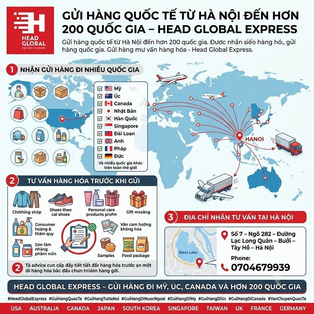 # GỬI HÀNG QUỐC TẾ TỪ HÀ NỘI ĐẾN HƠN 200 QUỐC GIA – HEAD GLOBAL EXPRESS Bạn đang ở Hà Nội và cần gửi hàng cho người thân, bạn bè hoặc đối tác ở nước ngoài? **Head Global Express** cung cấp dịch vụ gửi hàng quốc tế từ Hà Nội đến **hơn 200 quốc gia và vùng lãnh thổ**. Với quy trình tư vấn rõ ràng, khách hàng có thể dễ dàng chuẩn bị hàng hóa và lựa chọn phương án vận chuyển phù hợp với nhu cầu. ## Nhận gửi hàng đi nhiều quốc gia Head Global Express hỗ trợ tư vấn các tuyến vận chuyển phổ biến như: * 🇺🇸 Gửi hàng đi Mỹ * 🇦🇺 Gửi hàng đi Úc * 🇨🇦 Gửi hàng đi Canada * 🇯🇵 Gửi hàng đi Nhật Bản * 🇰🇷 Gửi hàng đi Hàn Quốc * 🇸🇬 Gửi hàng đi Singapore * 🇹🇼 Gửi hàng đi Đài Loan * 🇬🇧 Gửi hàng đi Anh * 🇫🇷 Gửi hàng đi Pháp * 🇩🇪 Gửi hàng đi Đức * Và nhiều quốc gia khác trên toàn thế giới. ## Tư vấn hàng hóa trước khi gửi Tùy thuộc vào từng quốc gia và loại hàng, quy định vận chuyển có thể khác nhau. Vì vậy, Head Global Express hỗ trợ khách hàng kiểm tra thông tin hàng hóa trước khi tiến hành gửi. Các mặt hàng phổ biến có thể được tư vấn gồm quần áo, giày dép, đồ dùng cá nhân, quà tặng, hàng tiêu dùng, hàng mẫu và một số loại thực phẩm khô phù hợp quy định. Khách hàng nên cung cấp đầy đủ thông tin về hàng hóa, số lượng, trọng lượng và địa chỉ người nhận để được tư vấn chính xác hơn. ## Địa chỉ nhận tư vấn tại Hà Nội Nếu bạn đang tìm kiếm đơn vị **gửi hàng quốc tế tại Hà Nội**, hãy liên hệ Head Global Express để được hỗ trợ. 📞 **Phone: 0704679939** 📍 **Địa chỉ:** Số 7 – Ngõ 282 – Đường Lạc Long Quân – Bưởi – Tây Hồ – Hà Nội **HEAD GLOBAL EXPRESS – GỬI HÀNG ĐI MỸ, ÚC, CANADA VÀ HƠN 200 QUỐC GIA.** #HeadGlobalExpress #GuiHangQuocTe #GuiHangTuHaNoi #GuiHangDiNuocNgoai #GuiHangDiMy #GuiHangDiUc #GuiHangDiCanada #VanChuyenQuocTe